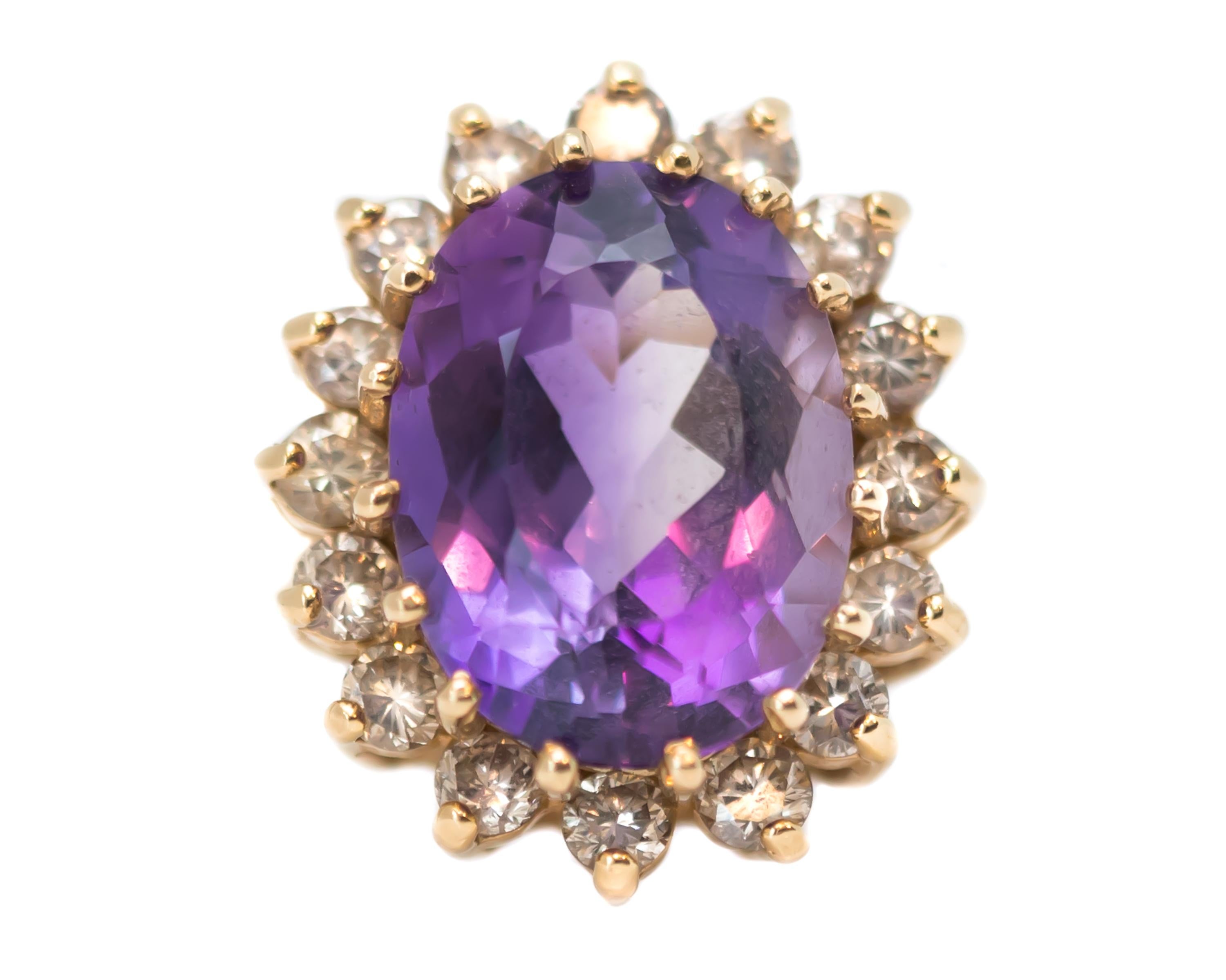 Oval Cut 1950s 6 Carat Amethyst Ring with Diamond Halo and 14 Karat Yellow Gold