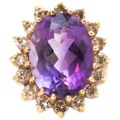 1950s 6 Carat Amethyst Ring with Diamond Halo and 14 Karat Yellow Gold