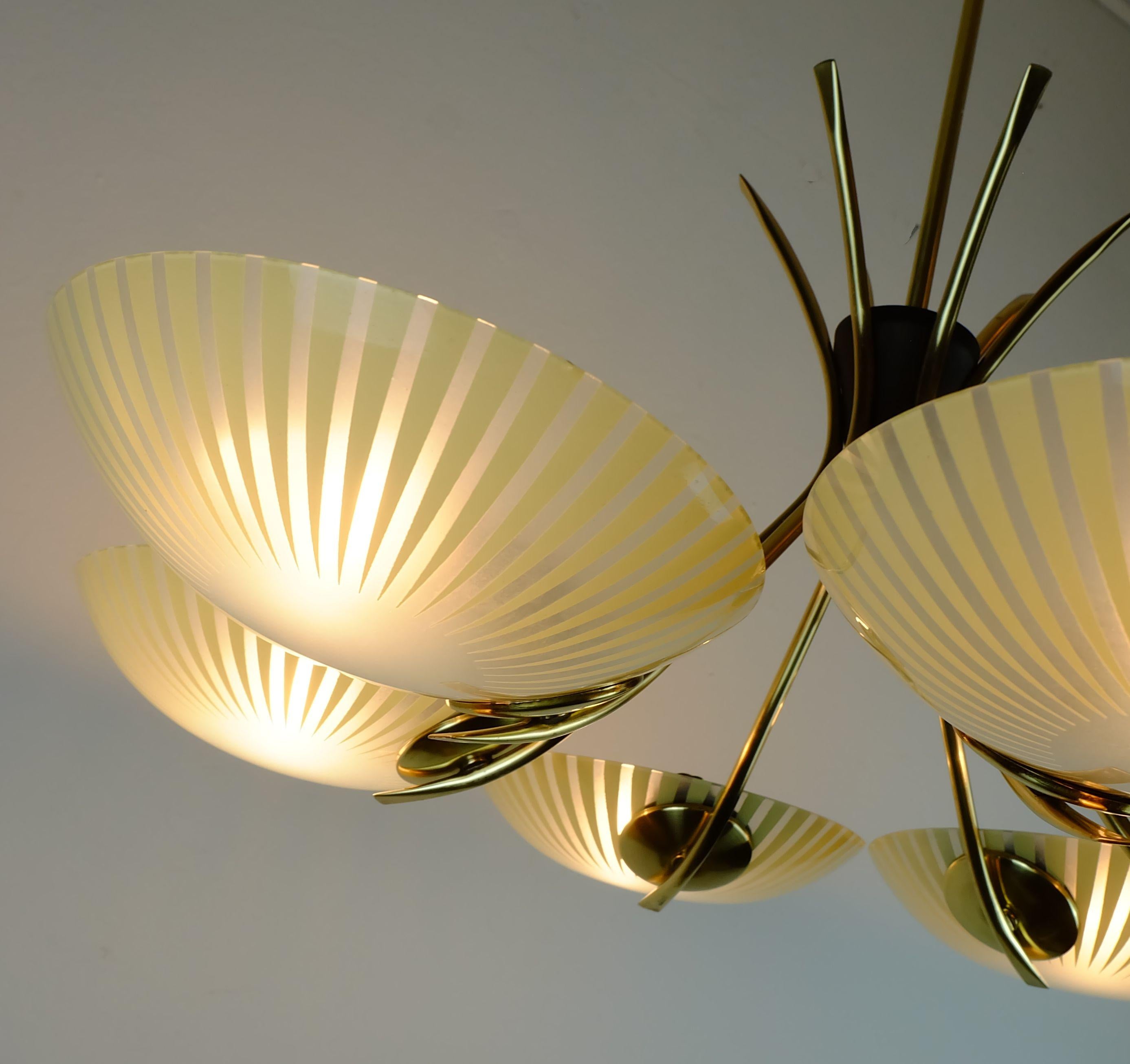 1950s 6-light mid century PENDANT LIGHT glass brass and metal For Sale 3