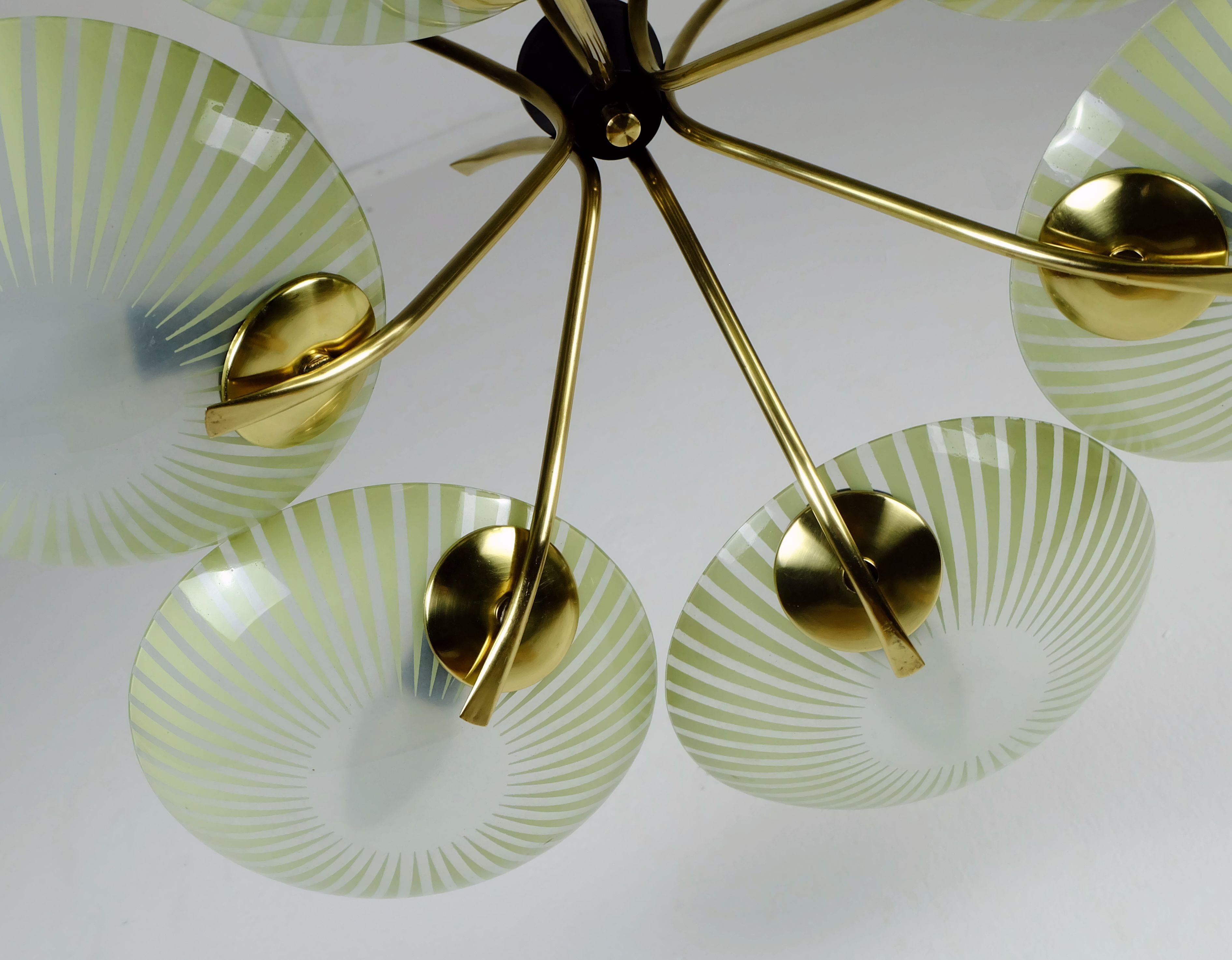 German 1950s 6-light mid century PENDANT LIGHT glass brass and metal For Sale