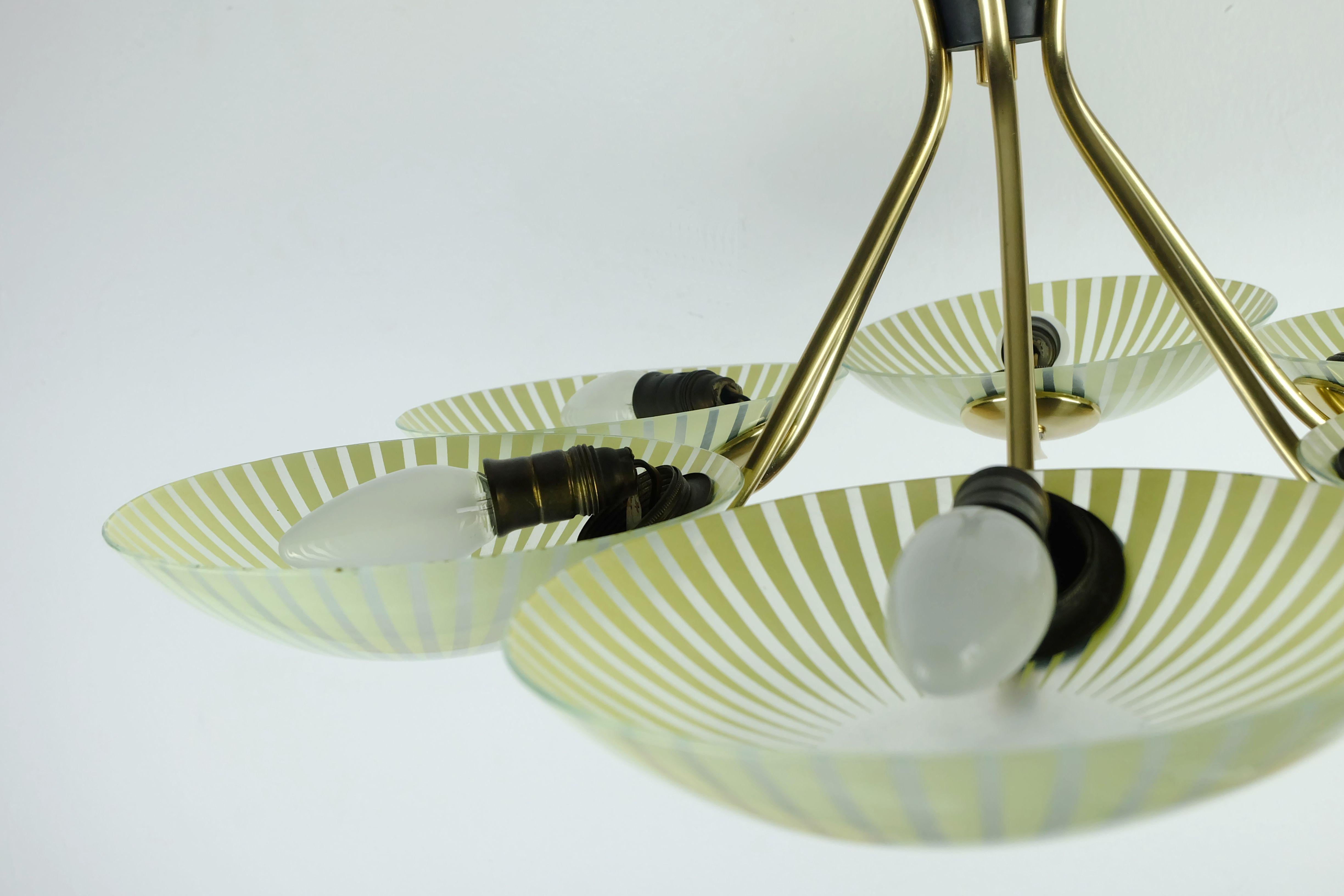 Mid-20th Century 1950s 6-light mid century PENDANT LIGHT glass brass and metal For Sale