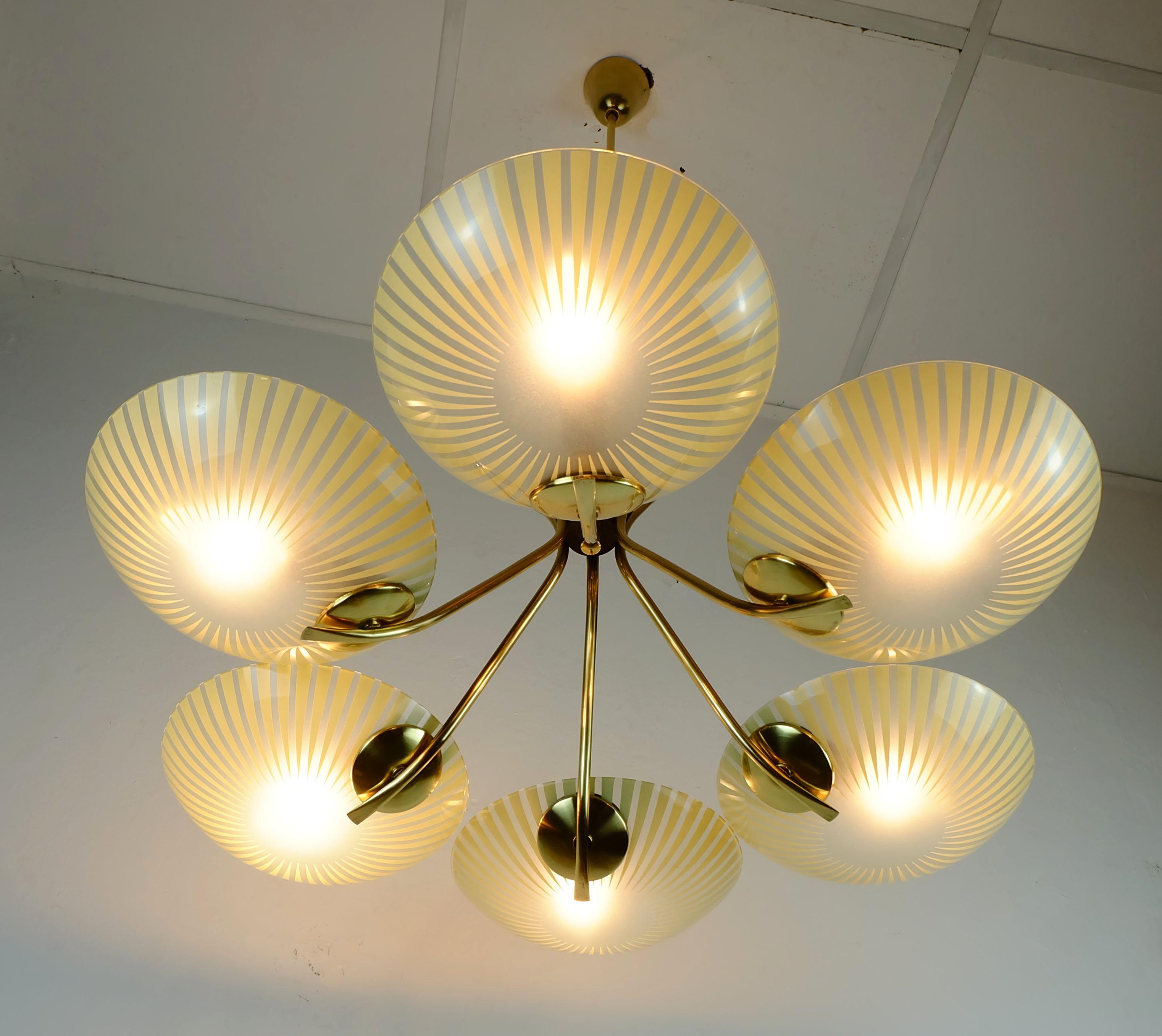 1950s 6-light mid century PENDANT LIGHT glass brass and metal For Sale 1