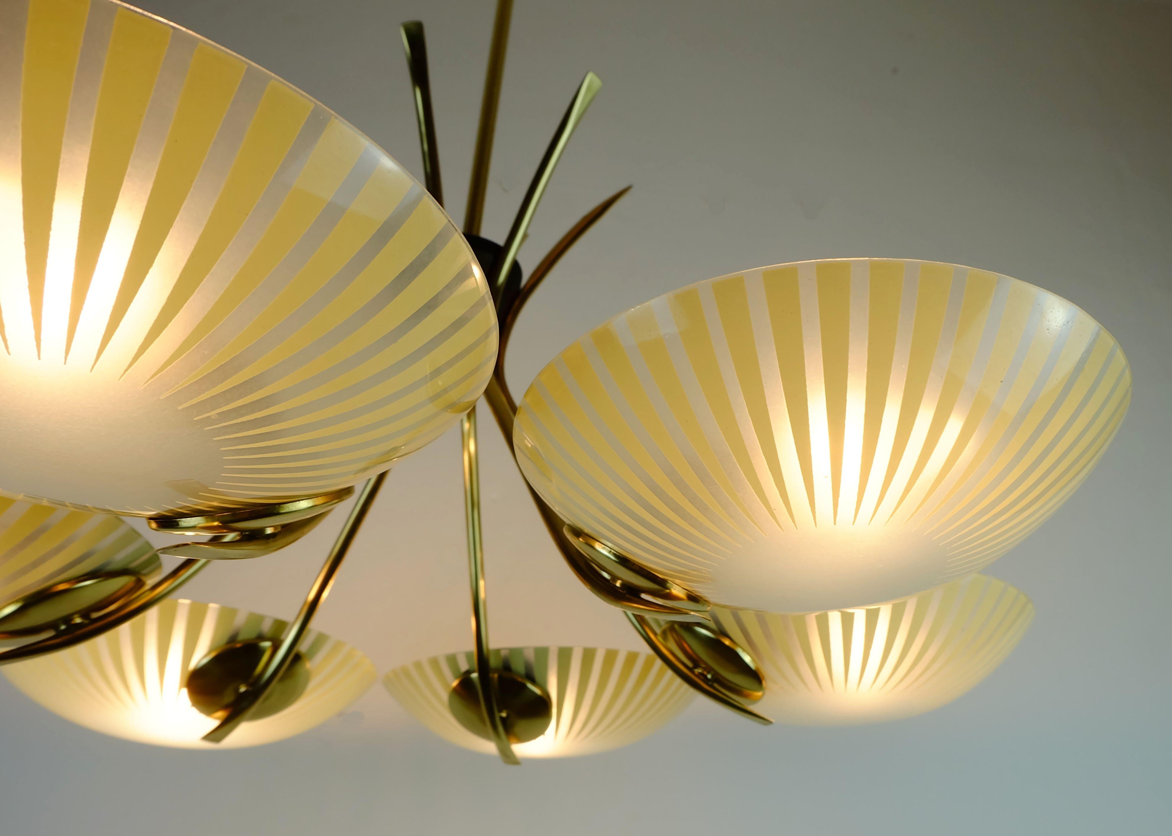 1950s 6-light mid century PENDANT LIGHT glass brass and metal For Sale 2