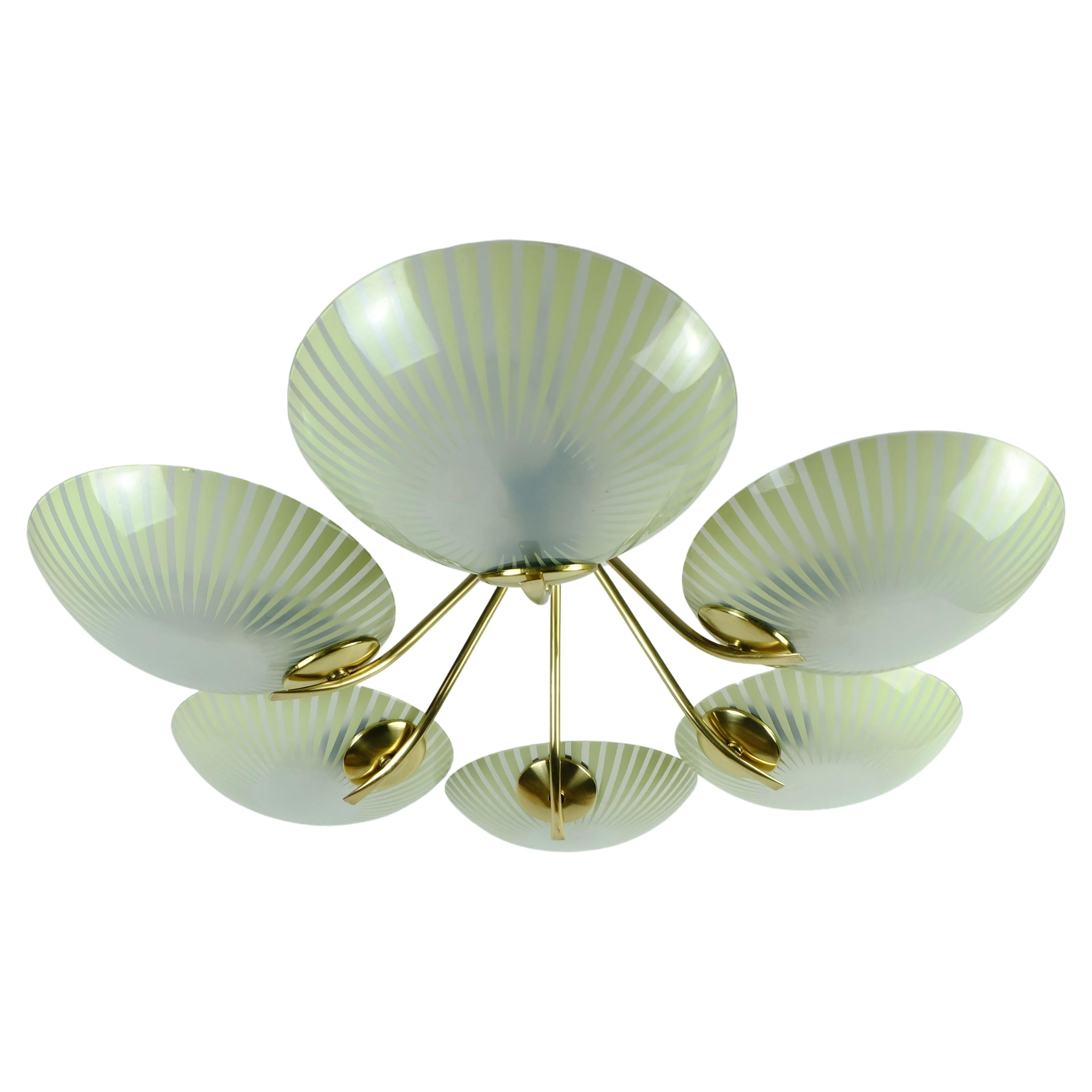 1950s 6-light mid century PENDANT LIGHT glass brass and metal For Sale