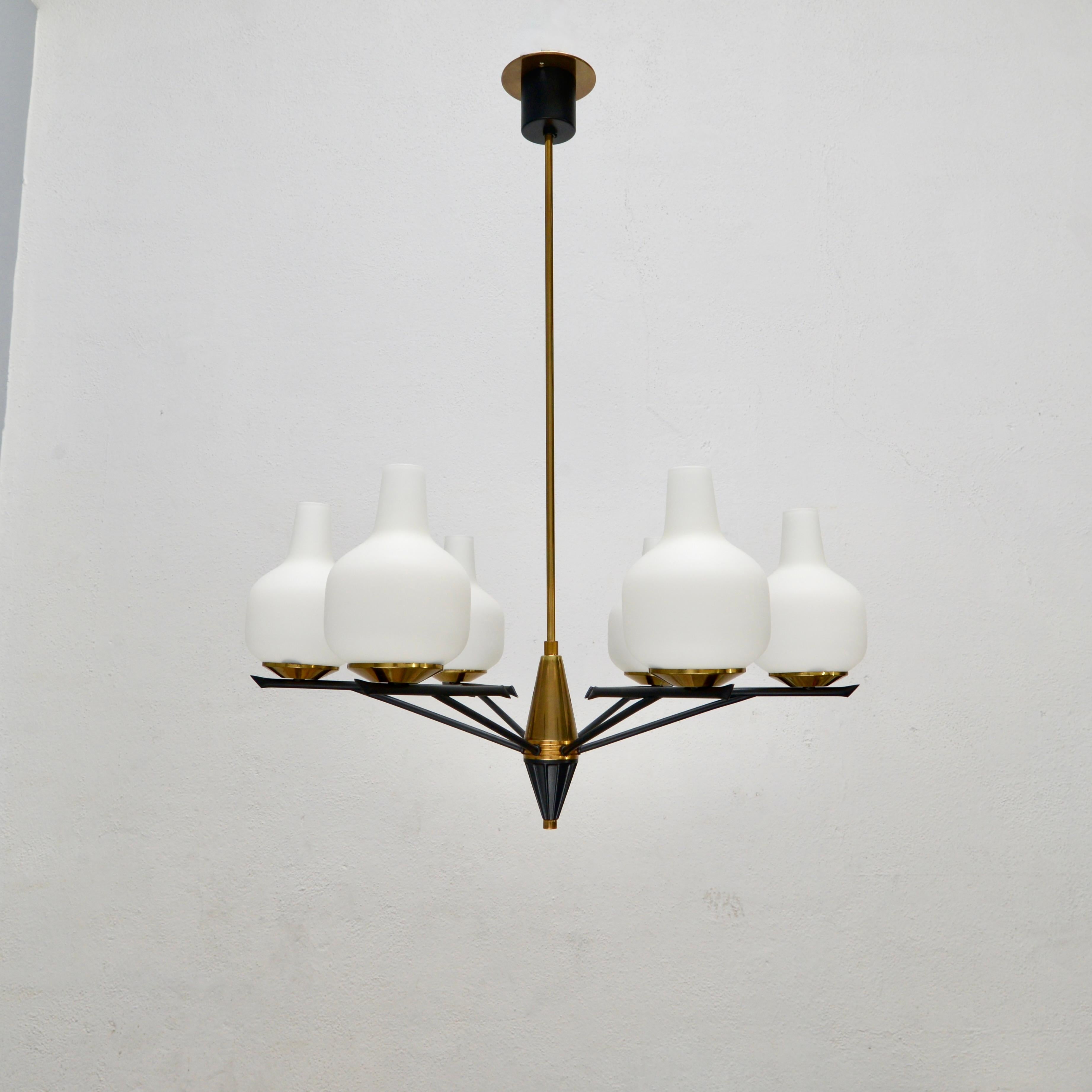 An original stunning 1950s 6 shade chandelier from Italy, with original brass and painted aluminum and glass finish. Partially restored and rewired with 6 E12 candelabra based sockets for use in the US. Light bulbs included with order.