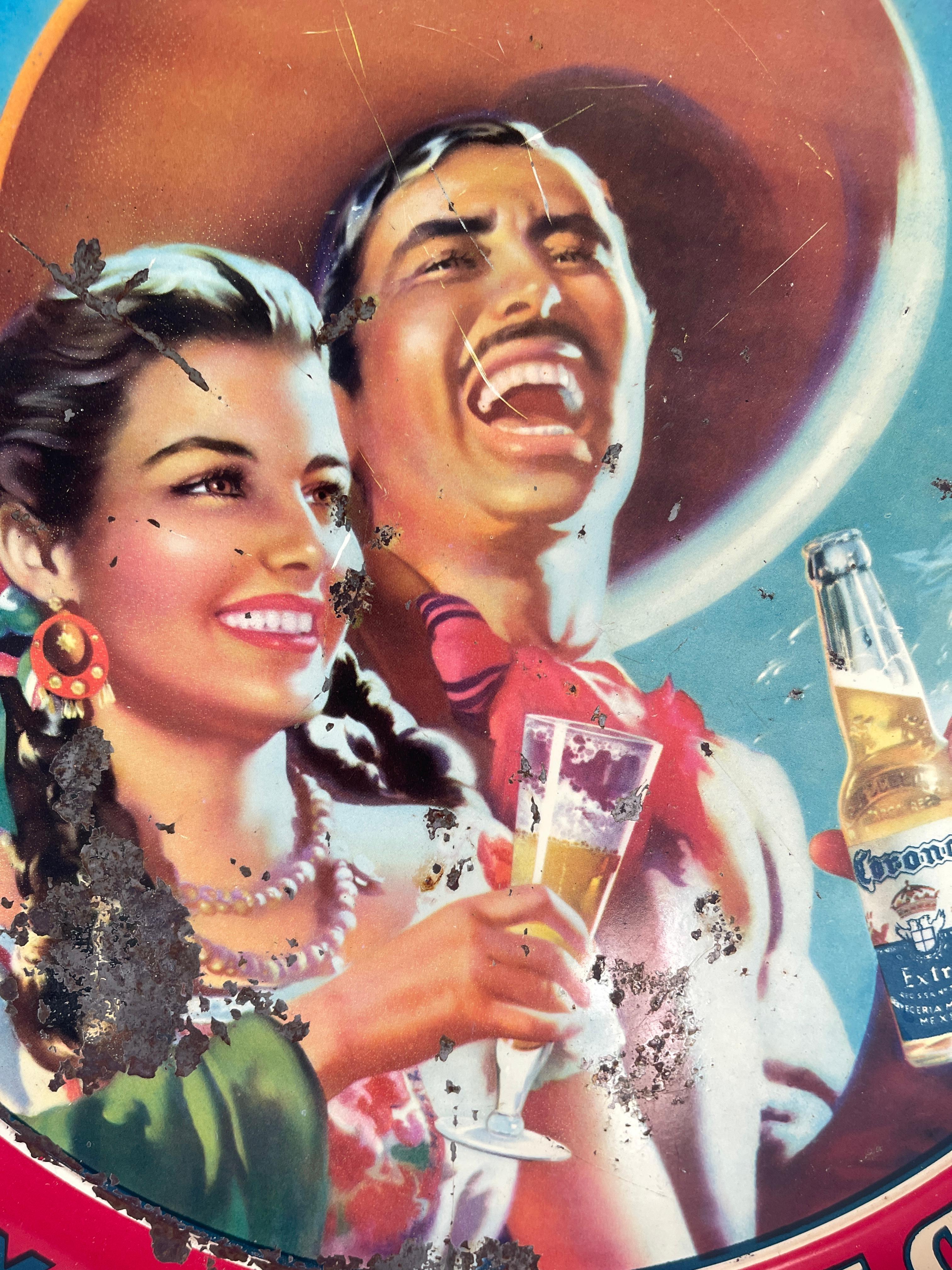 Artisanat Plateau publicitaire en fer-blanc pour la bière Corona Negra Modelo du Mexique des années 1950-60 en vente