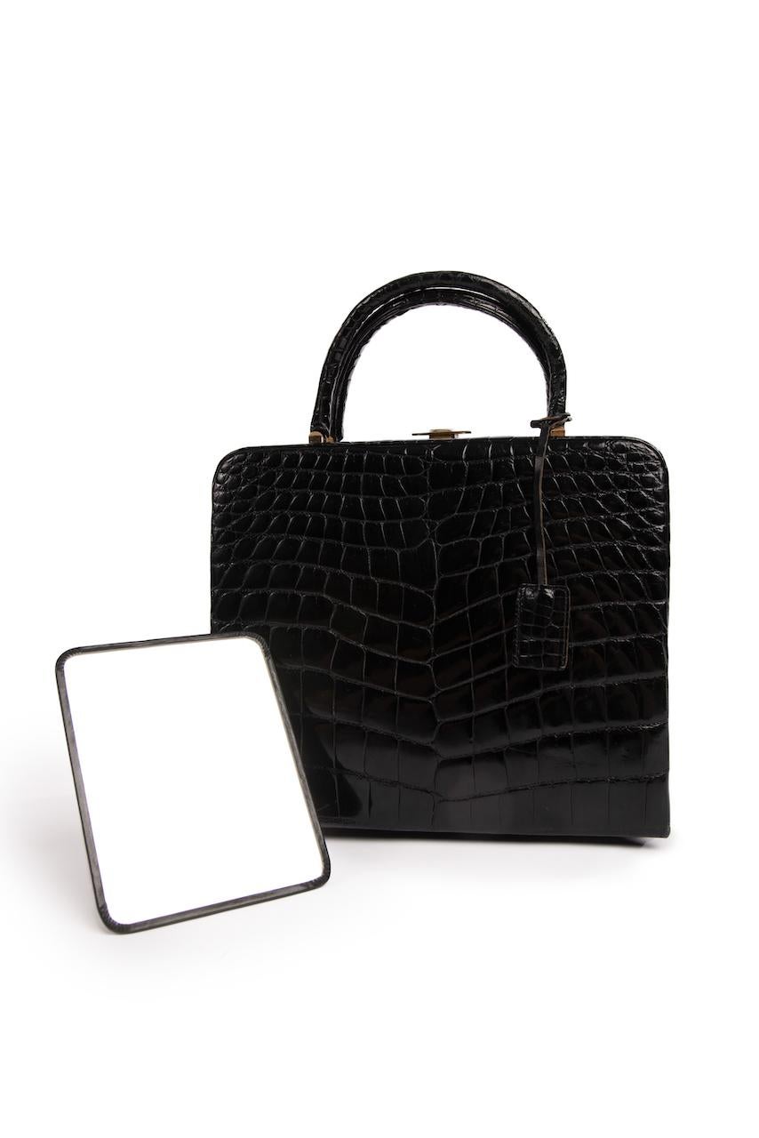 1950s/60s ELIZABETH ARDEN Black Crocodile Pattern Leather Vanity Case or Handbag 8