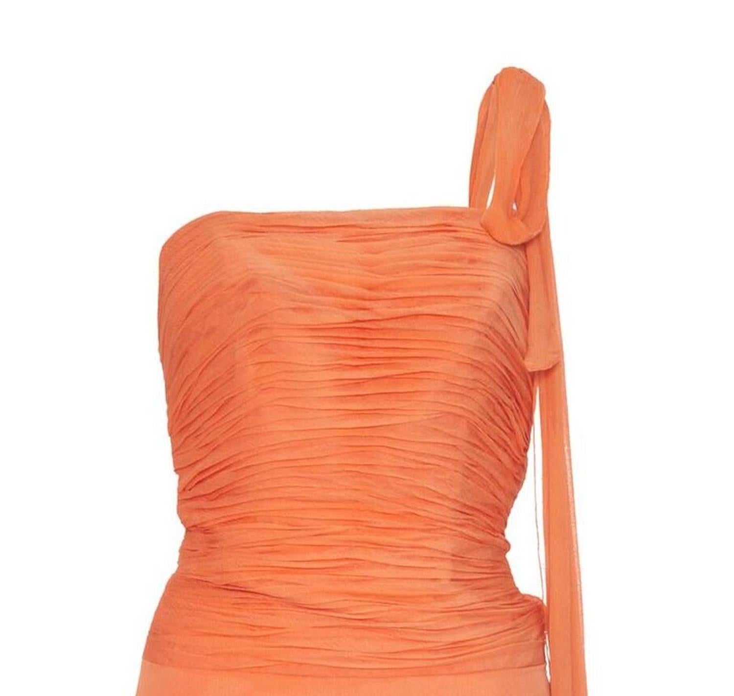 Orange Harrods - Robe en géorgette de soie orange avec bretelle asymétrique, années 1950-60 en vente