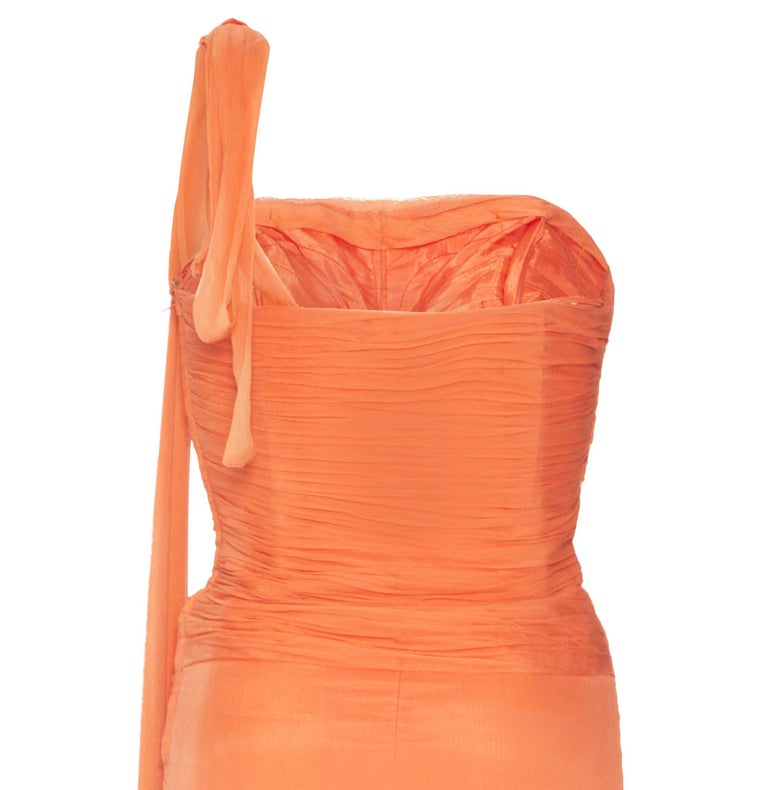 1960s Harrods Orange Silk Georgette Dress with Asymmetrical Strap