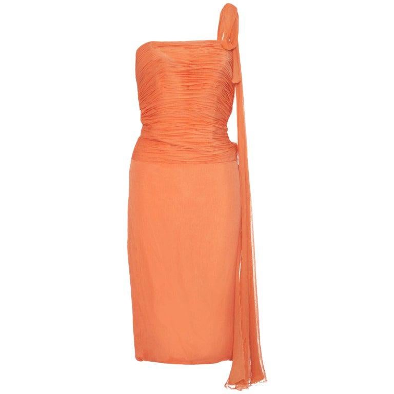 1950s-60s Harrods Orange Silk Georgette Dress With Asymmetrical Strap
