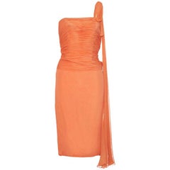 Abito in georgette di seta arancione Harrods degli anni '50-'60 con cinturino asimmetrico