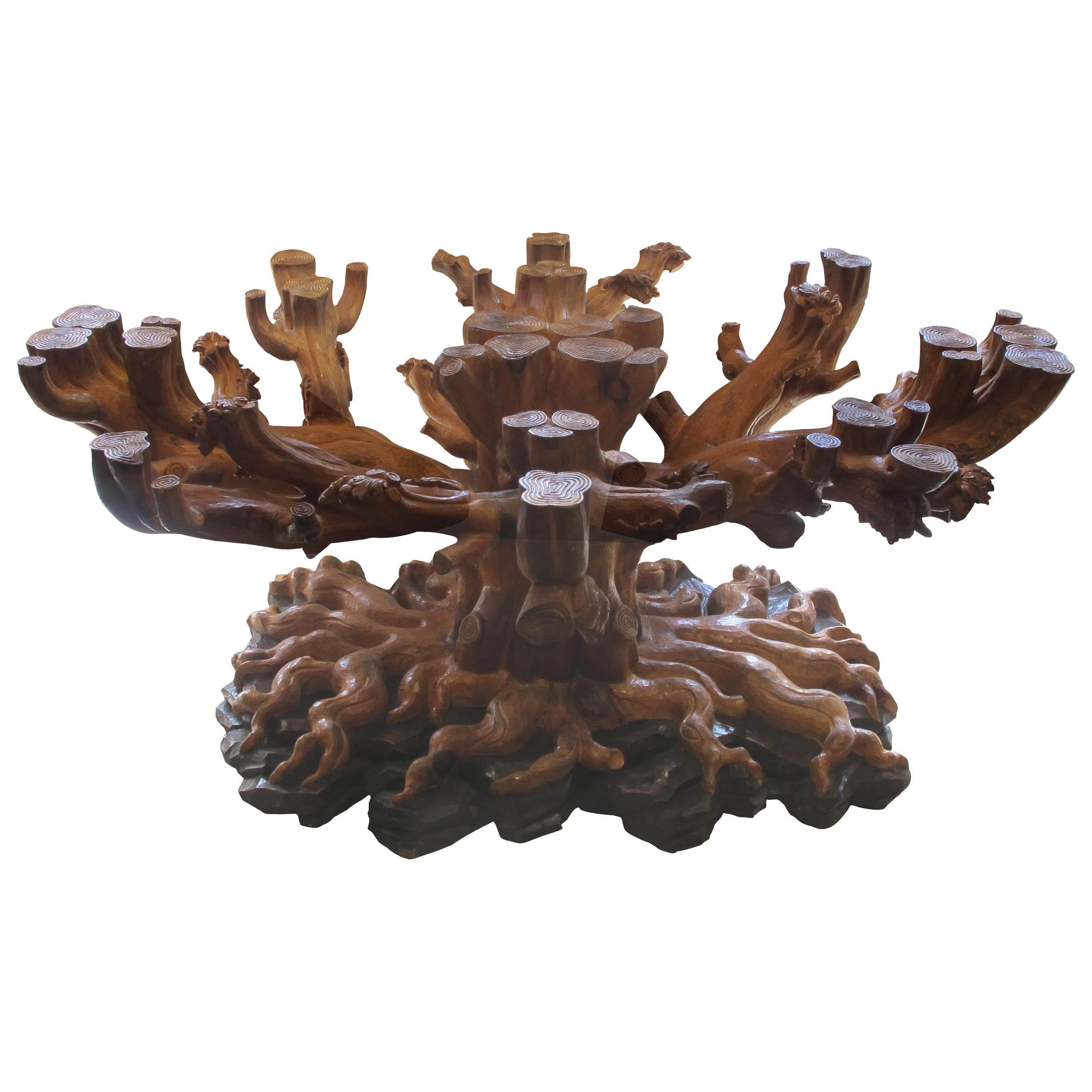 This is a sustainable exceptional dining/centre table base handcrafted from a reclaimed Austrian pine tree by Bartolozzi e Maioli. The table is one of a kind with beautifully carved branches assembled to create a striking sculpture in the shape of