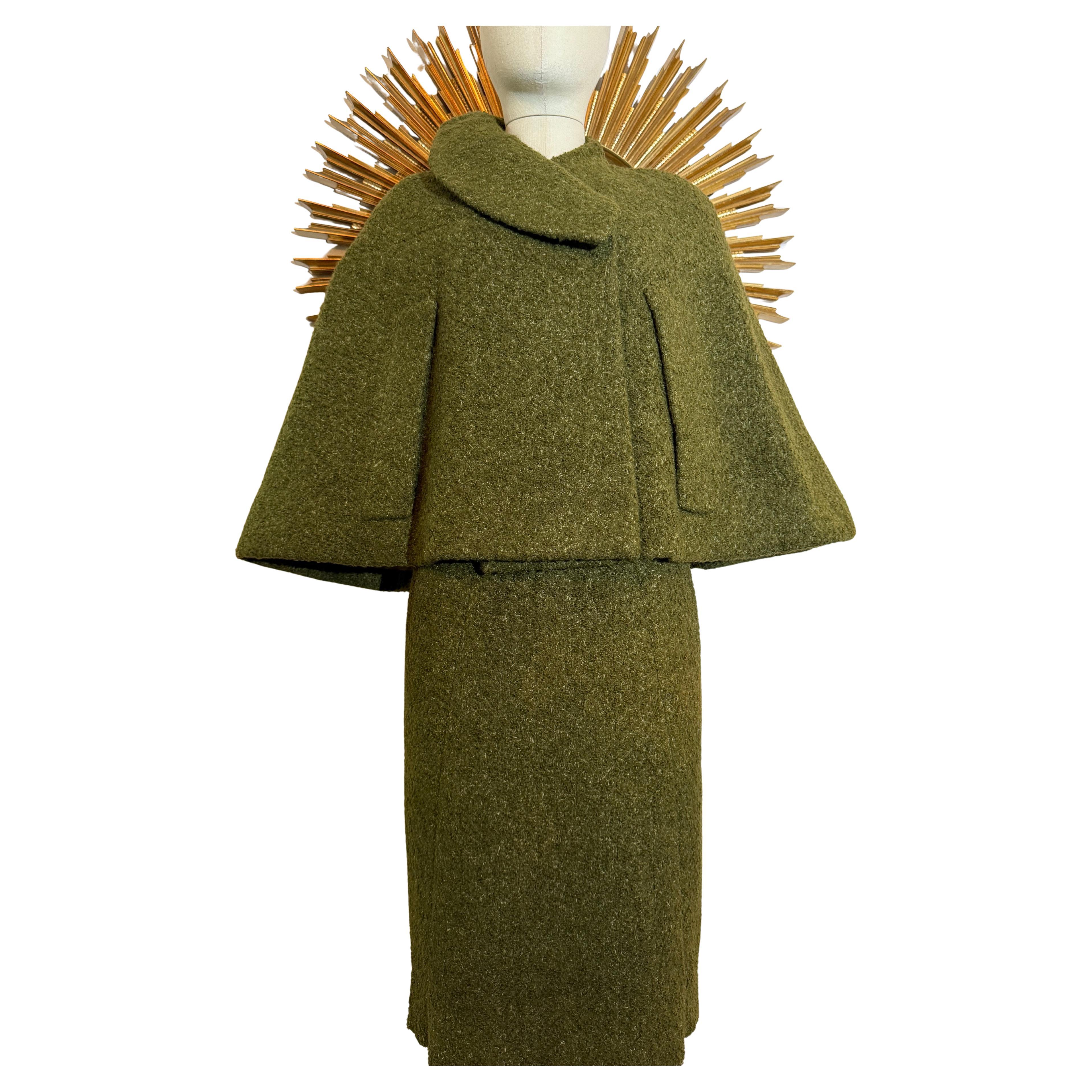 1950s/60s Linda Kinoshita Couture Olive Green Tweed Sheath Dress 
Matching Cape