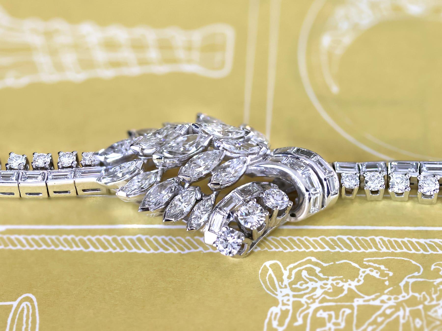 Brazalete de platino y diamantes de 6,85 quilates de los años 50 Corte redondo en venta
