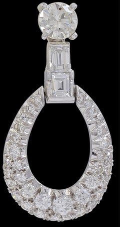 1950s 7 Ct Diamond Drop Cocktail Earrings Platinum with 2 Ct Solitaire Diamond