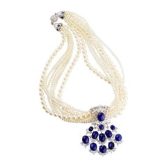 1950s 74.77 Carat Natural Unheated Burma Sapphire and Pearl Necklace
