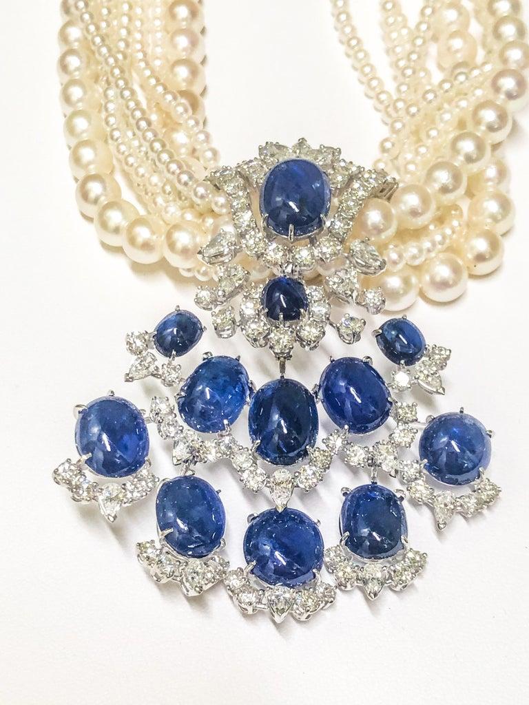Round Cut 1950s 74.77 Carat Natural Unheated Burma Sapphire and Pearl Necklace For Sale