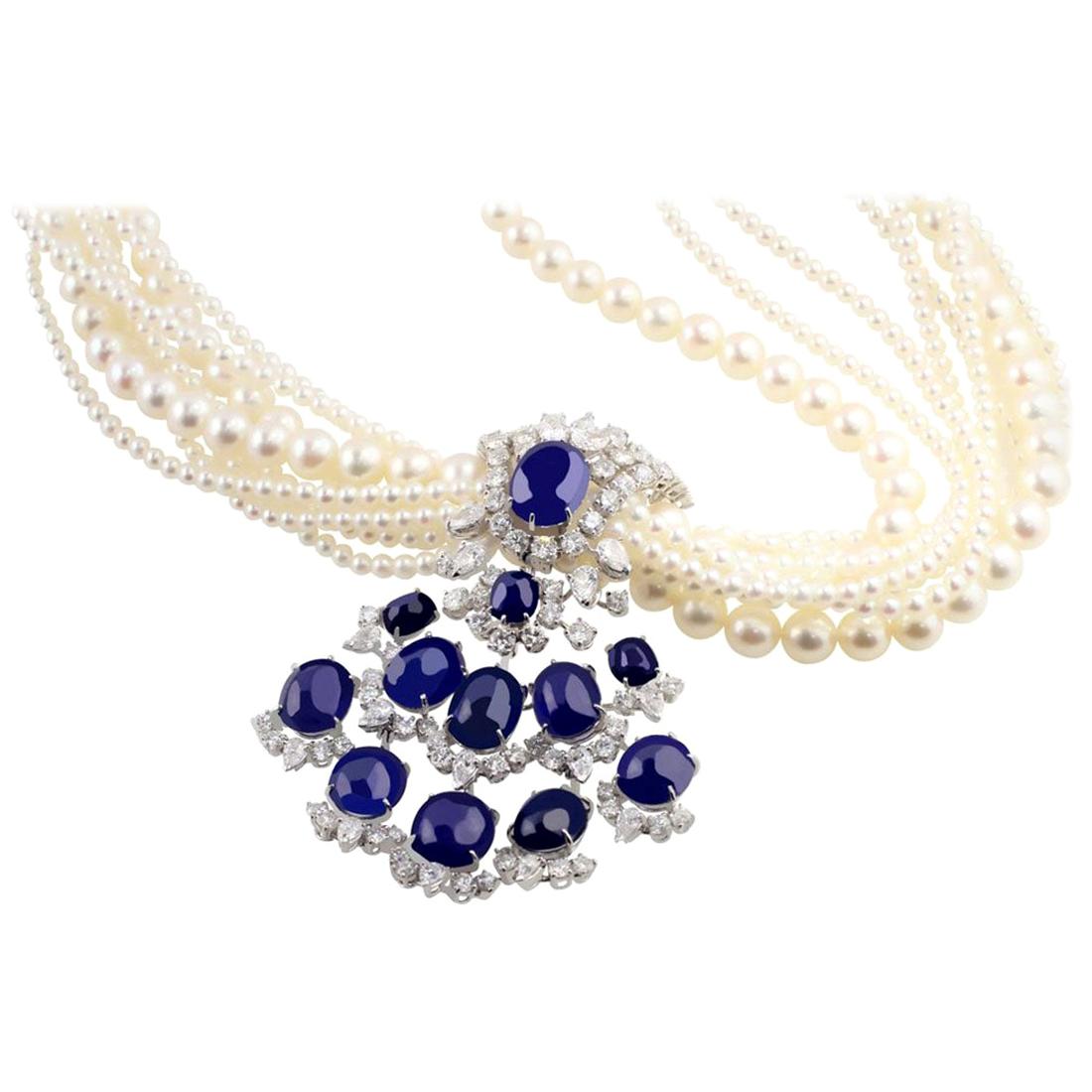 1950s 74.77 Carat Natural Unheated Burma Sapphire and Pearl Necklace For Sale