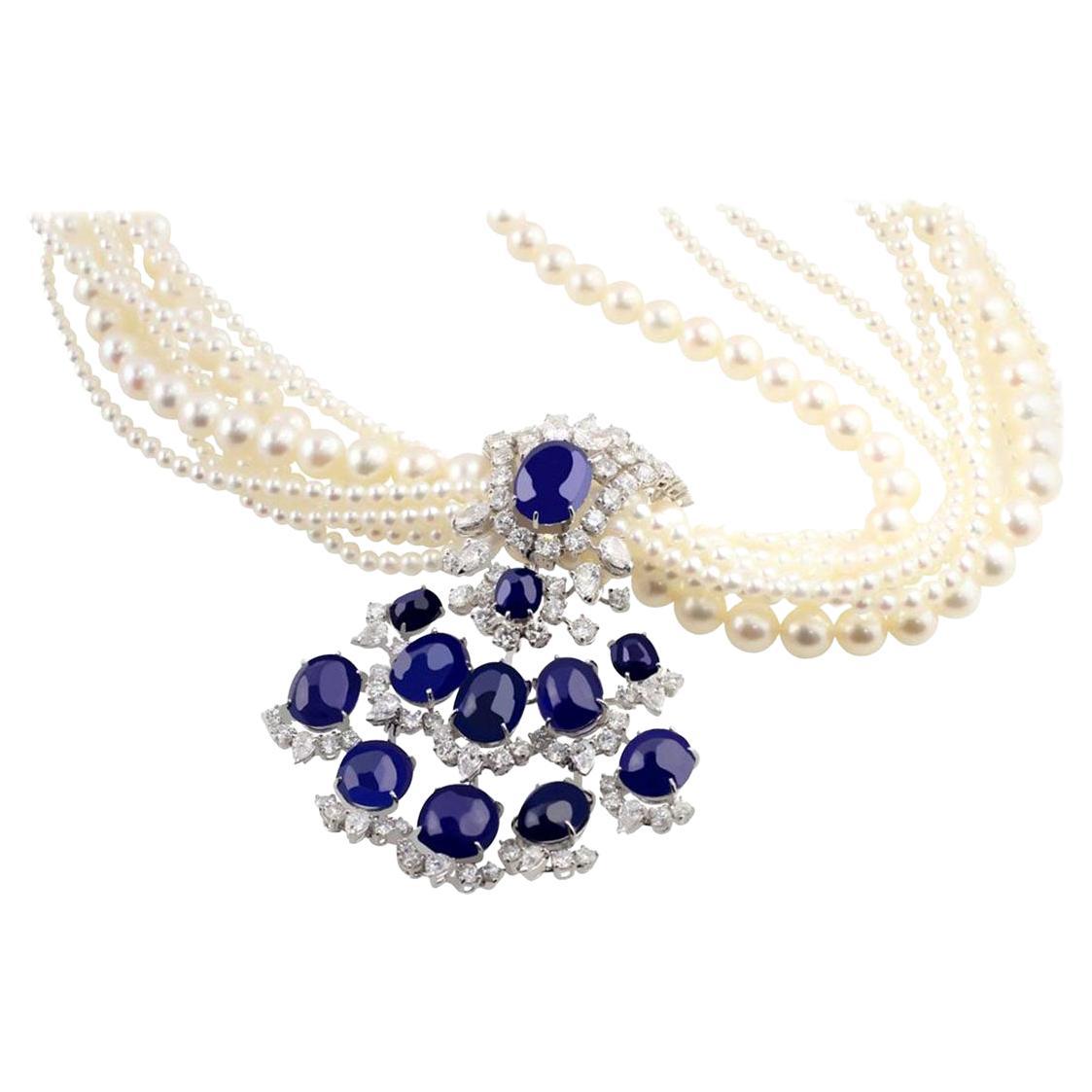 1950s 74.77 Carat Natural Unheated Burma Sapphire and Pearl Necklace For Sale