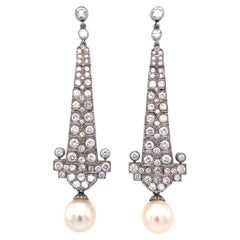 Vintage 1950s 8 Carat Total Diamond and Pearl Chandelier Drop Earrings in 14 Karat Gold