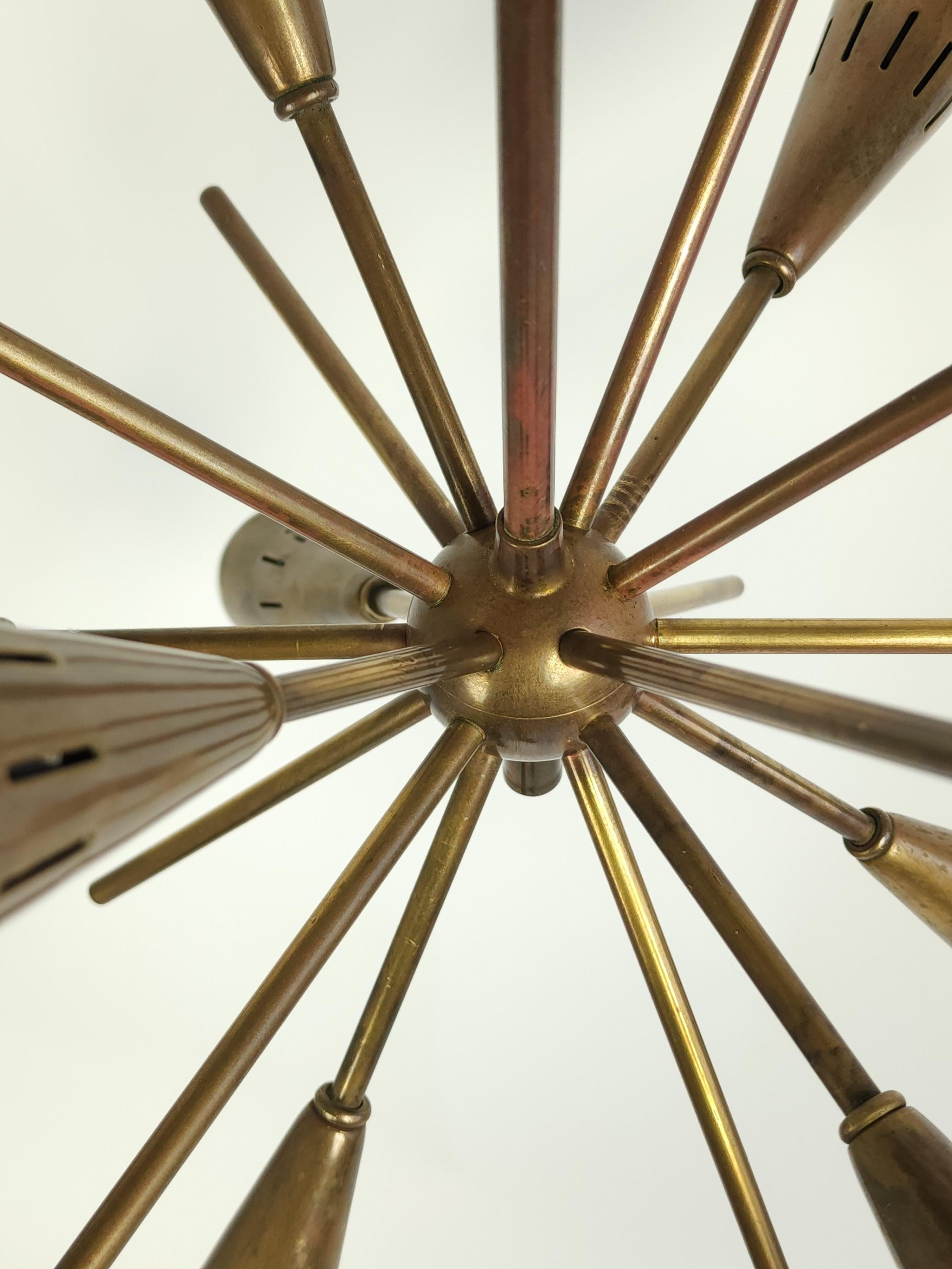 1950s 9 Arm Thick Brass Sputnik with Conical Tips, Italy 4