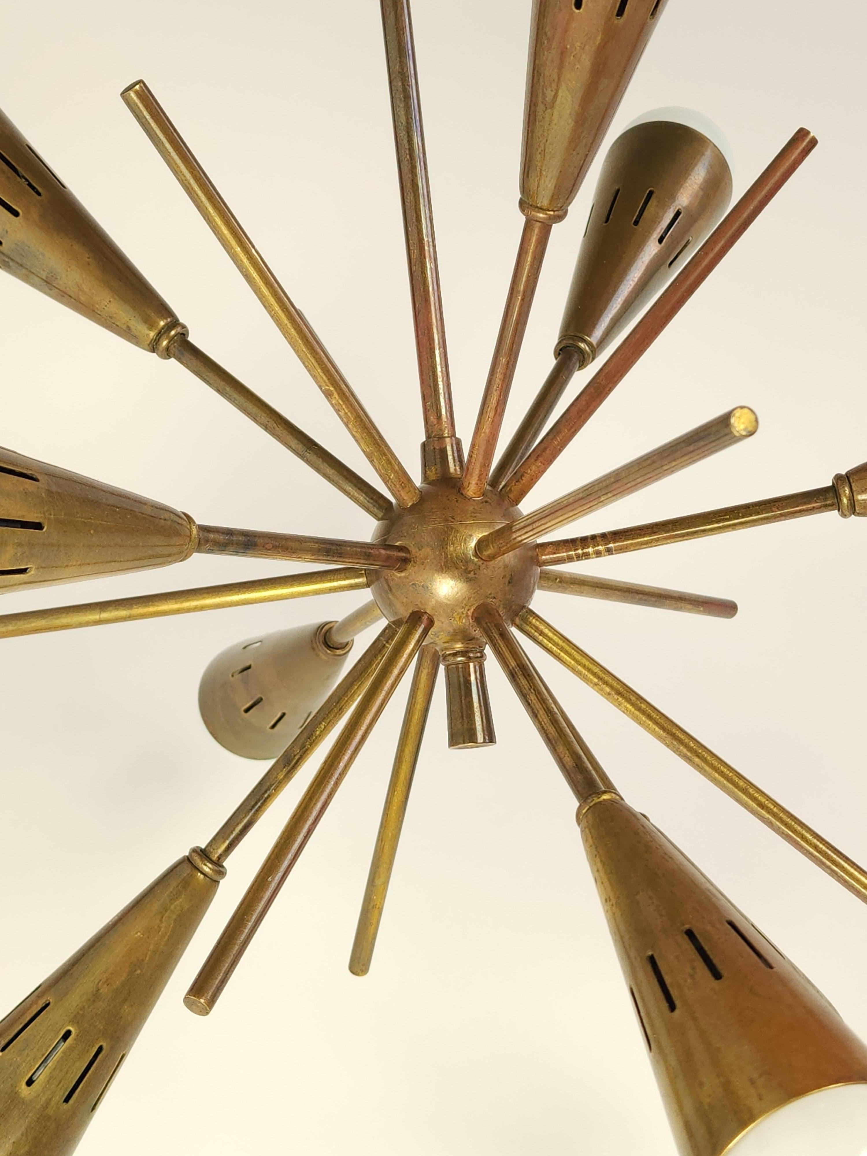 1950s 9 Arm Thick Brass Sputnik with Conical Tips, Italy 5