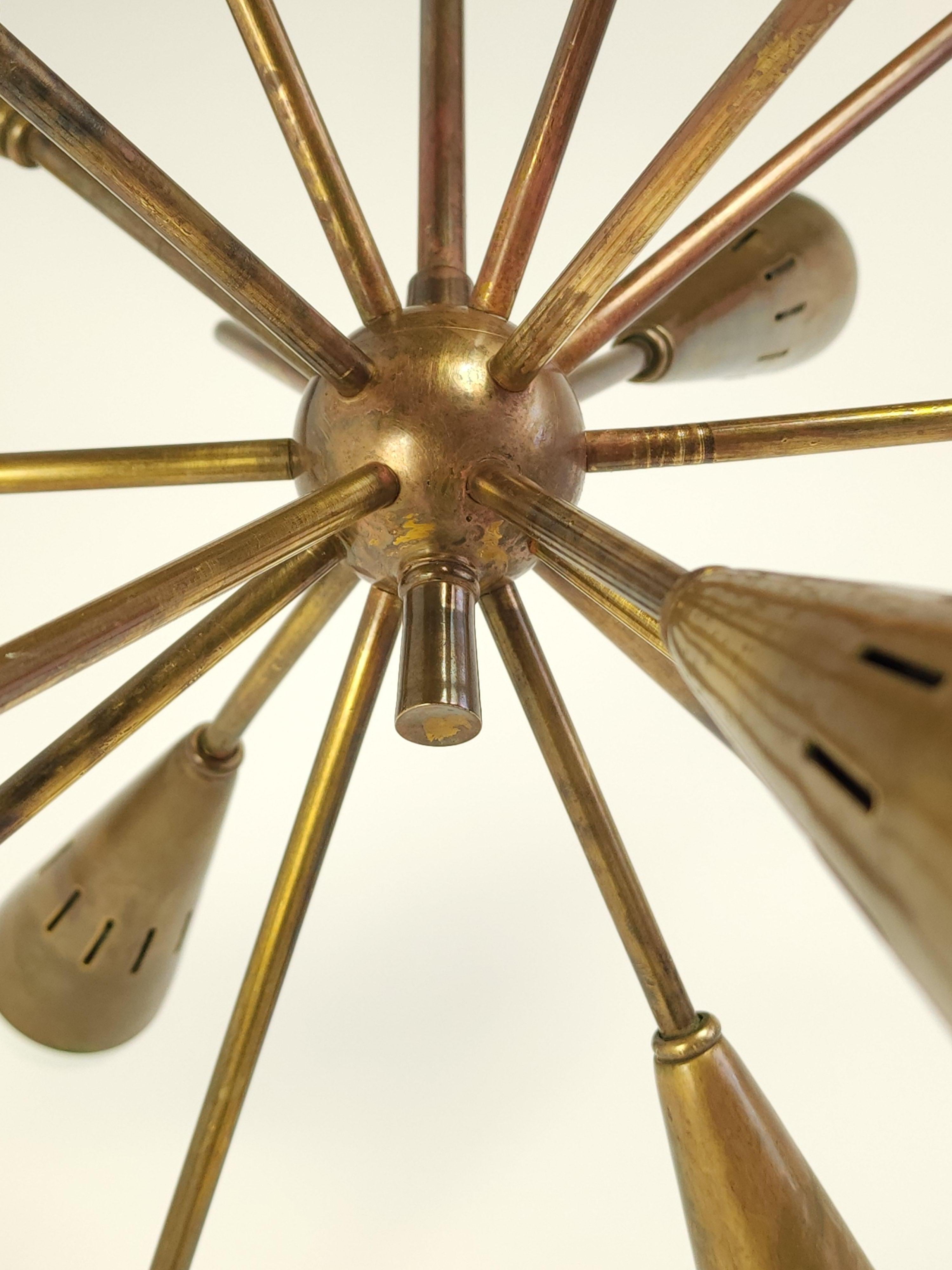 1950s 9 Arm Thick Brass Sputnik with Conical Tips, Italy 6
