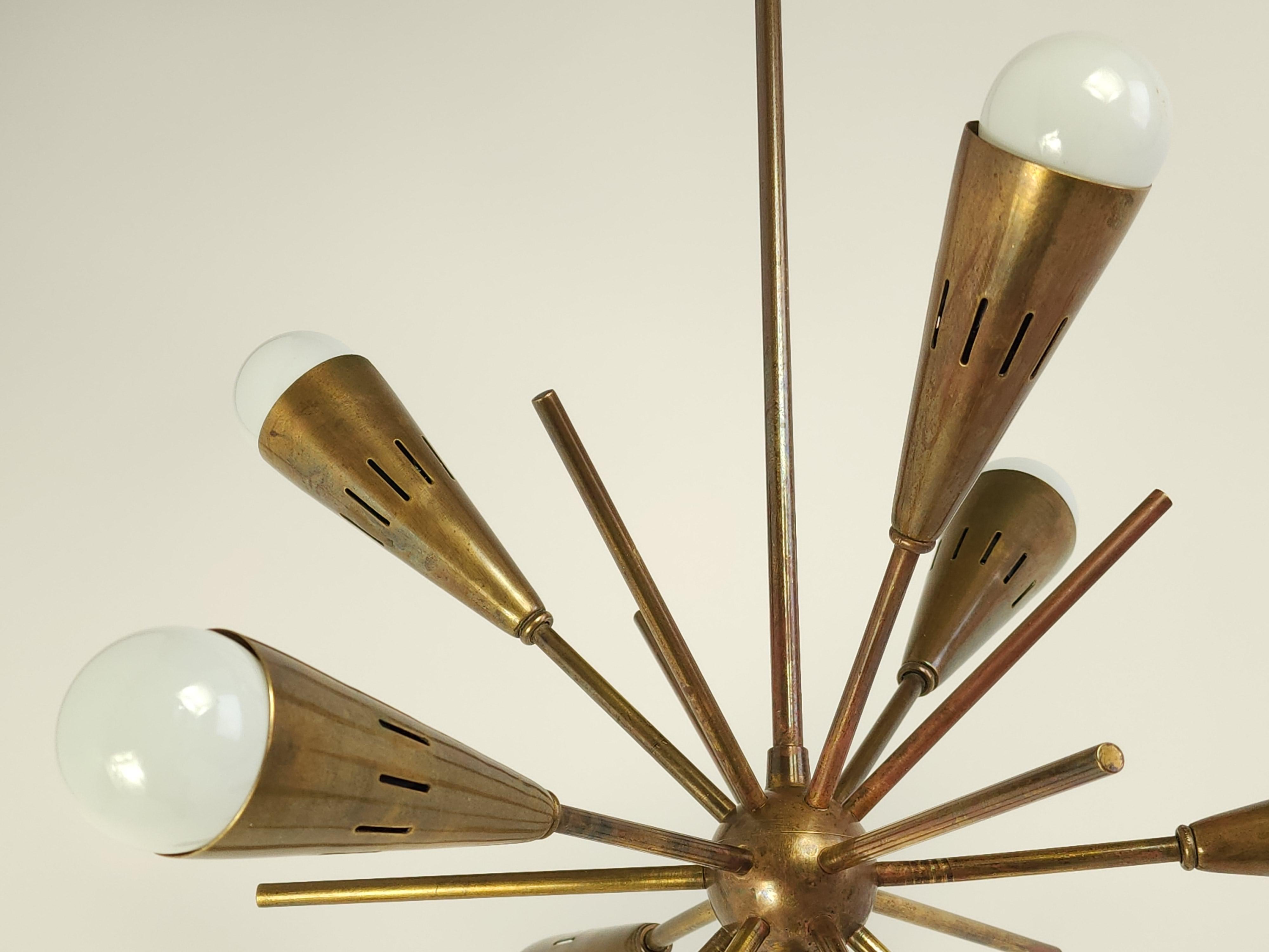 1950s 9 Arm Thick Brass Sputnik with Conical Tips, Italy 7