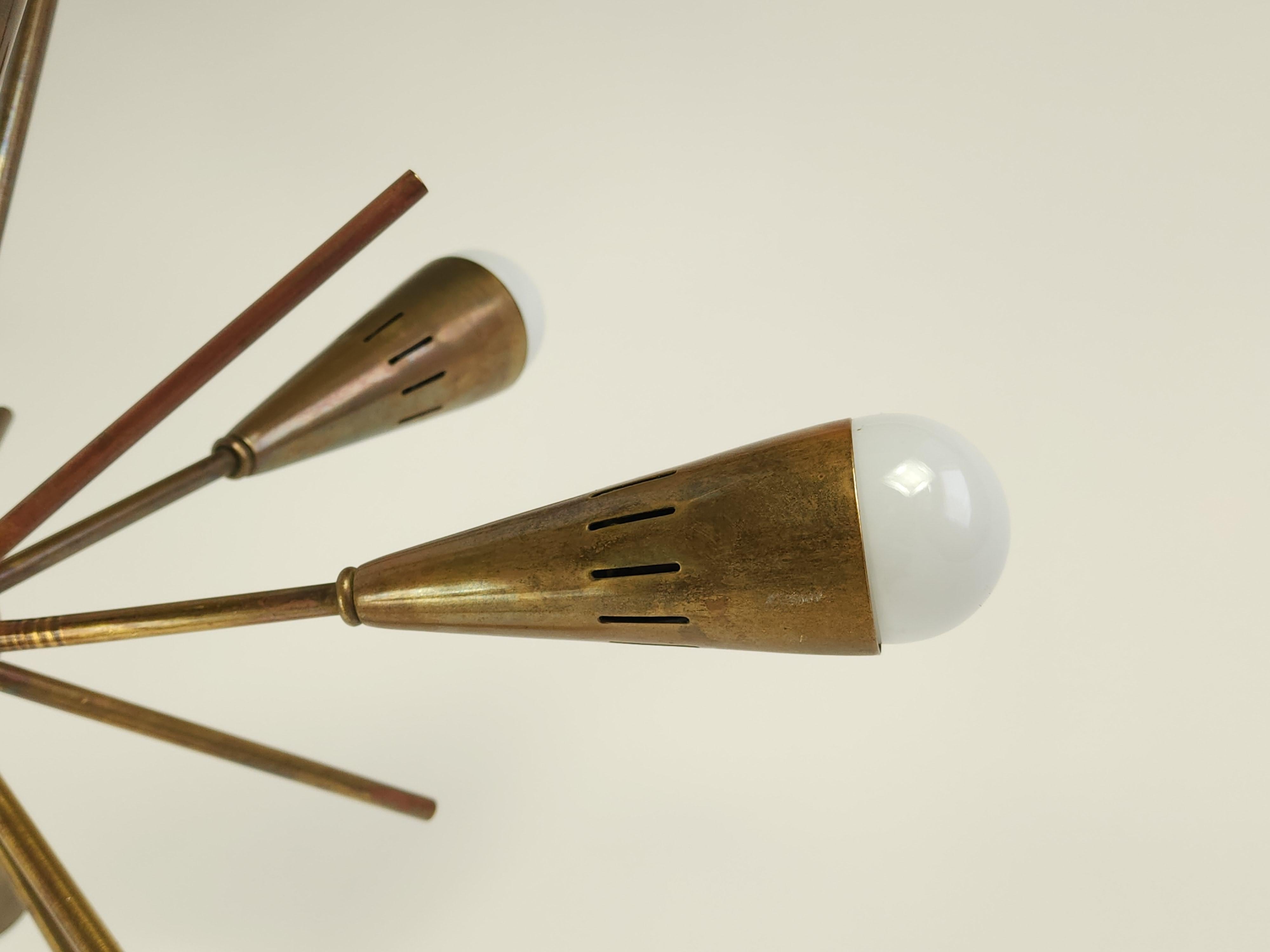 1950s 9 Arm Thick Brass Sputnik with Conical Tips, Italy 8