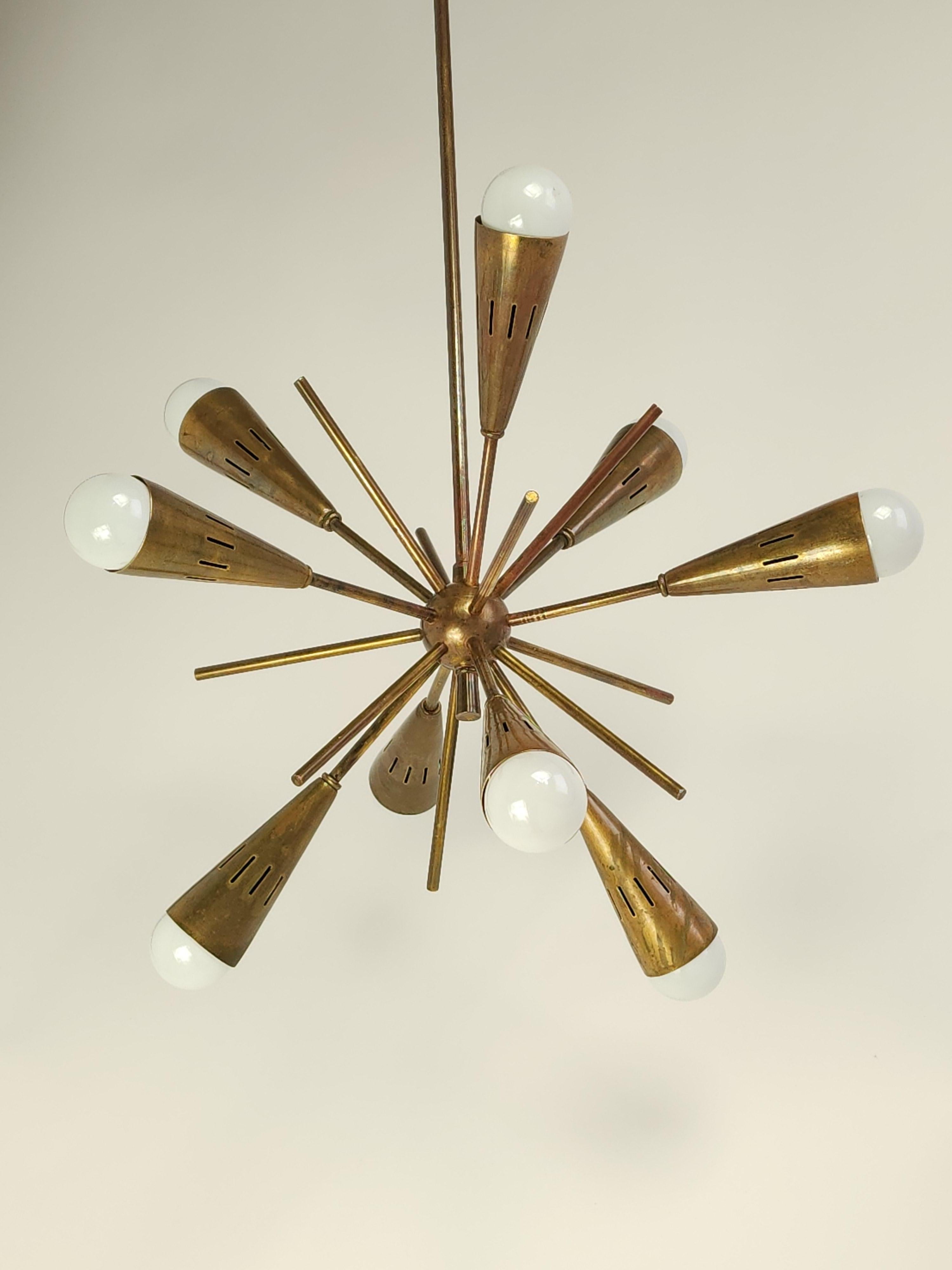 Mid-20th Century 1950s 9 Arm Thick Brass Sputnik with Conical Tips, Italy