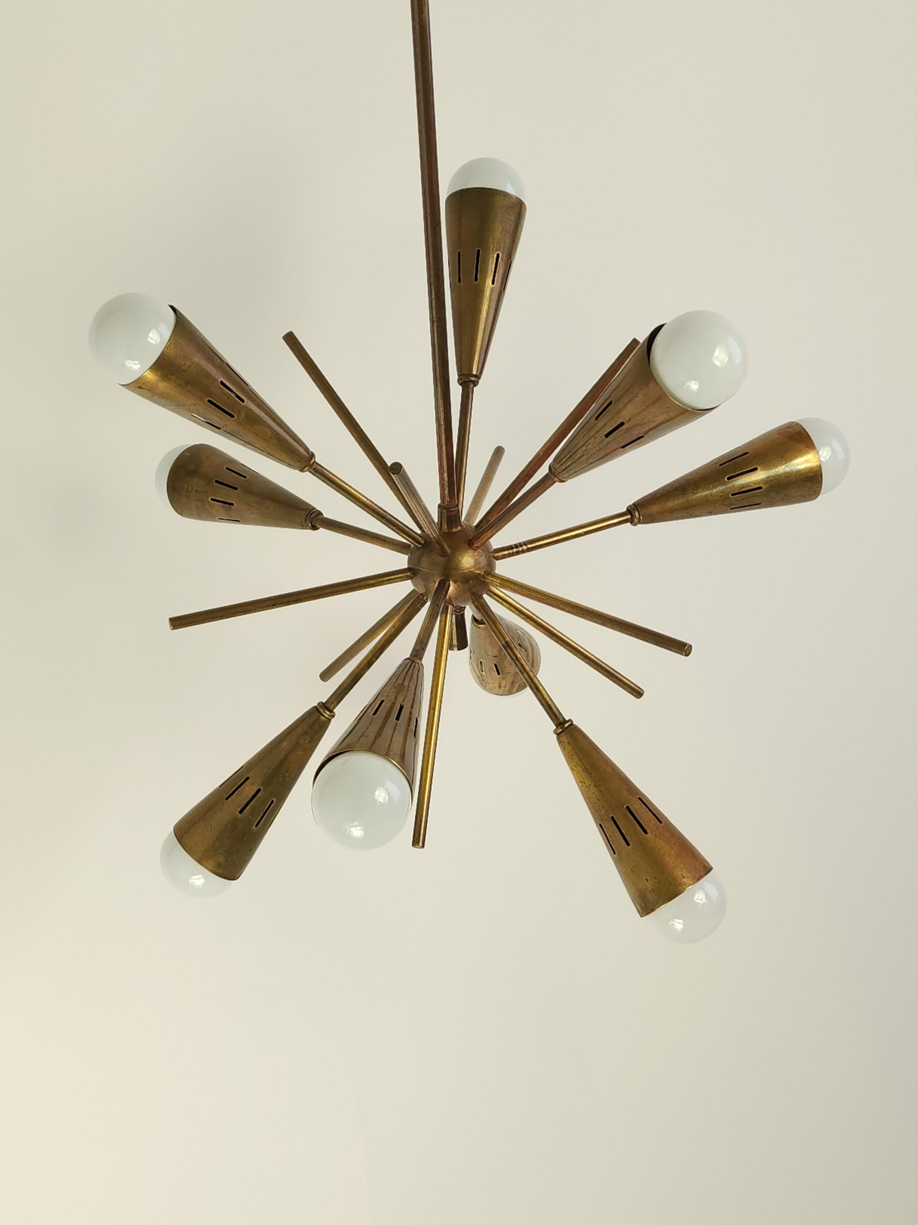 1950s 9 Arm Thick Brass Sputnik with Conical Tips, Italy 2