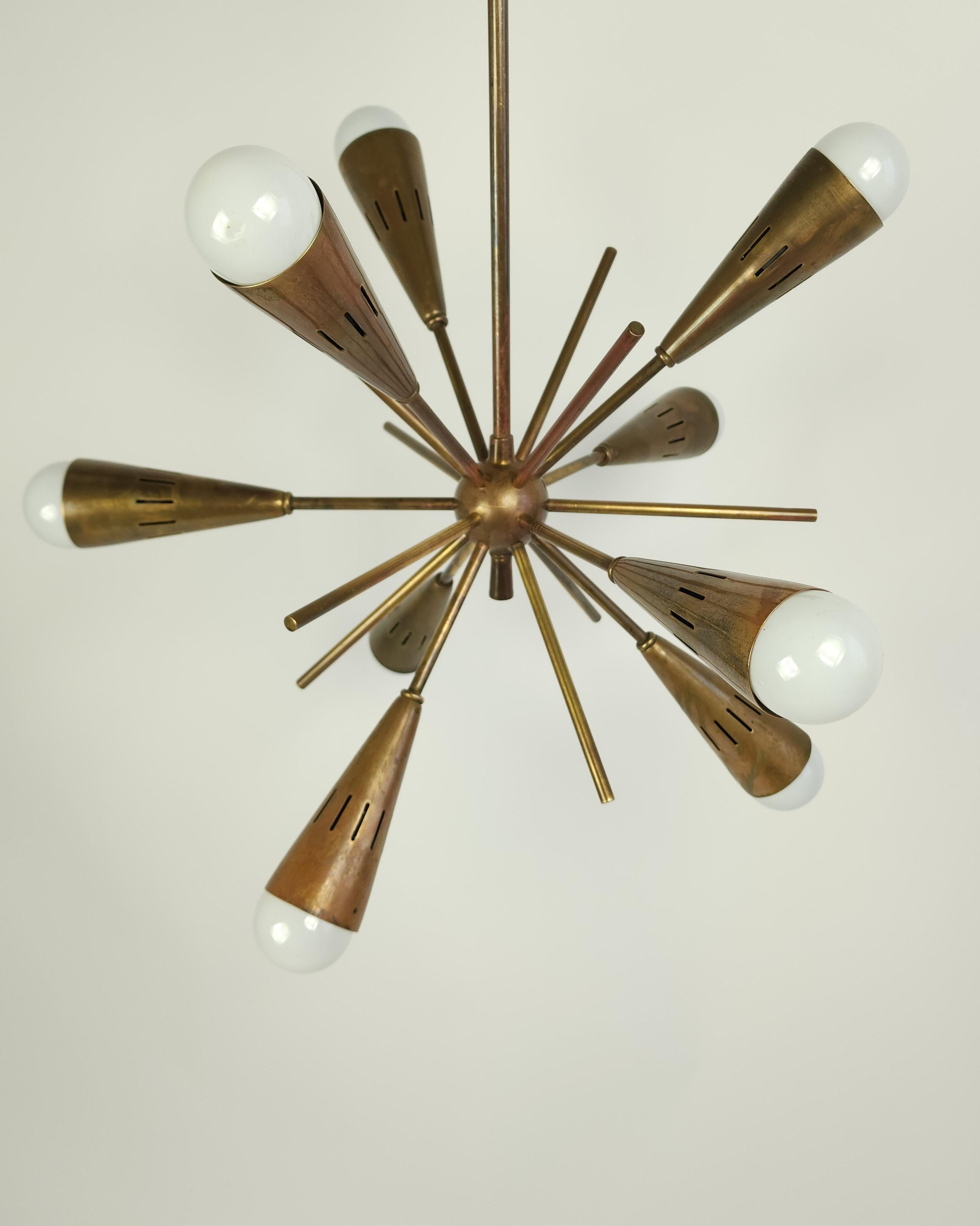 1950s 9 Arm Thick Brass Sputnik with Conical Tips, Italy 3