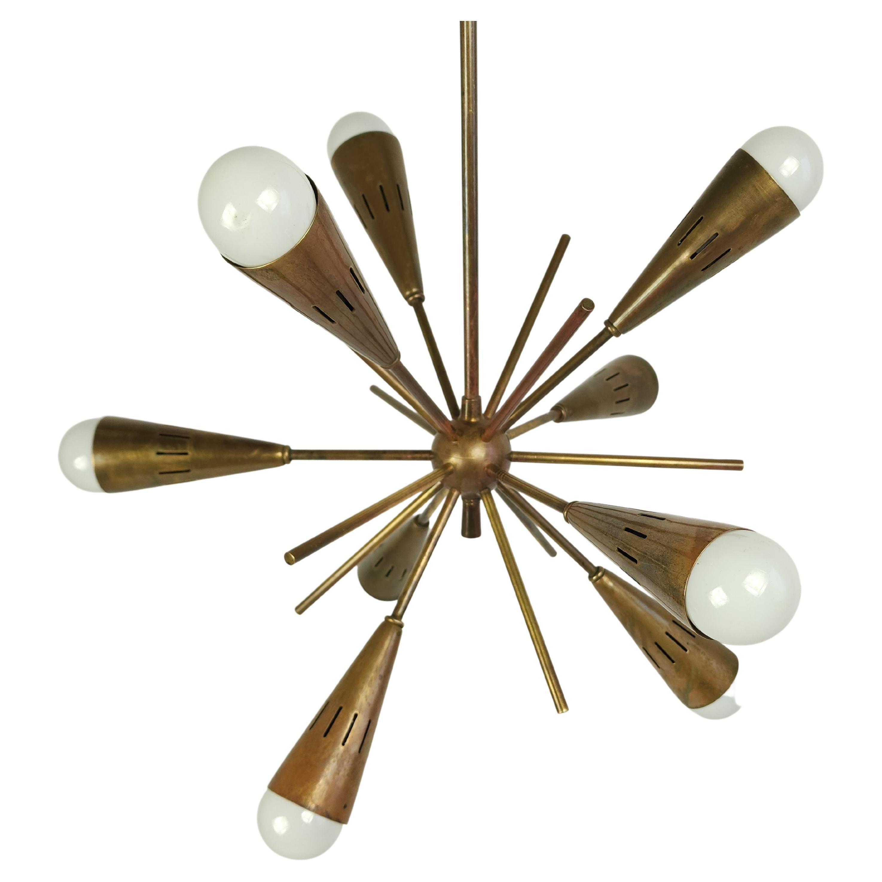 1950s 9 Arm Thick Brass Sputnik with Conical Tips, Italy