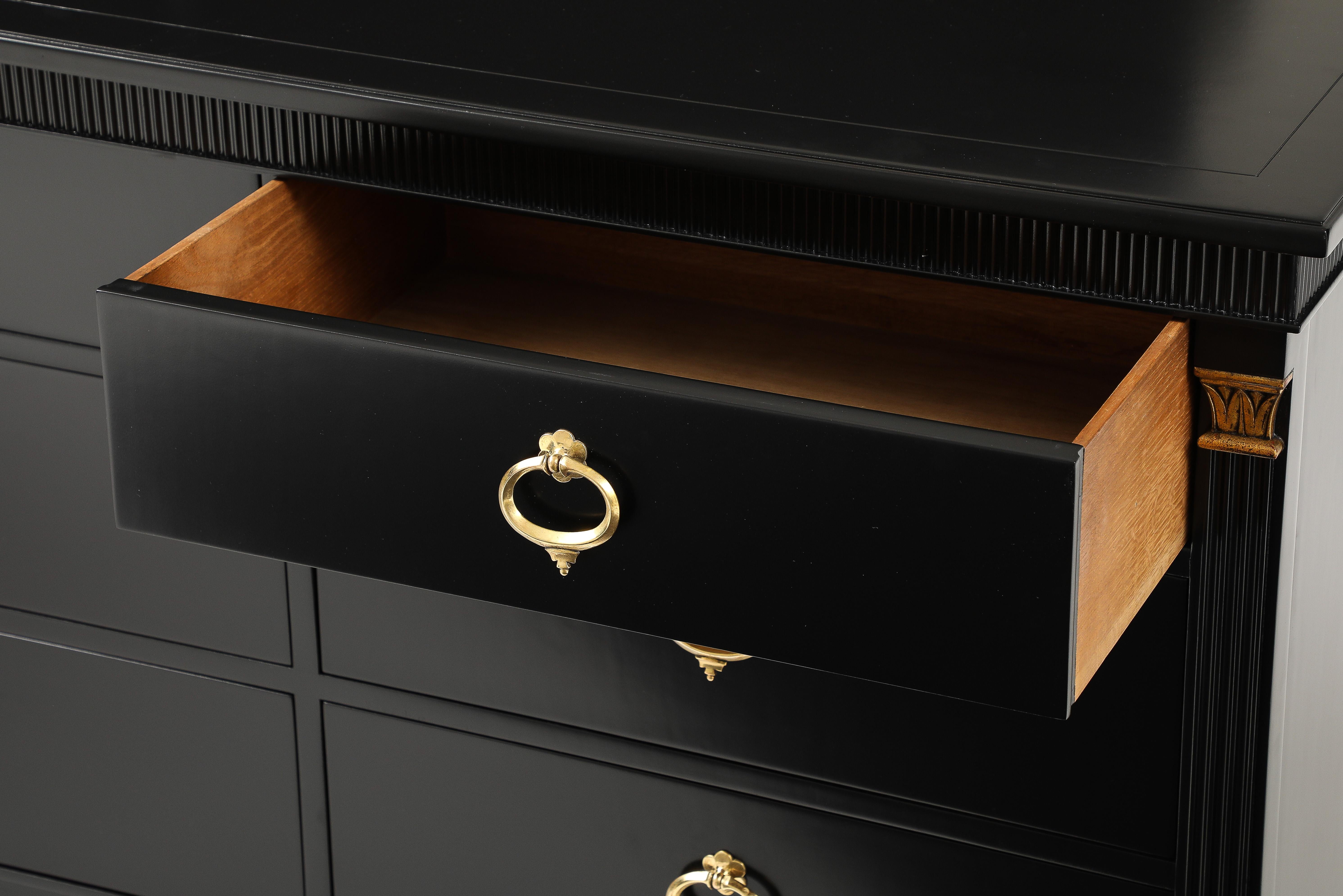 Mid-Century Modern 1950's 9 Drawer Black Lacquer Dresser By Baker For Sale