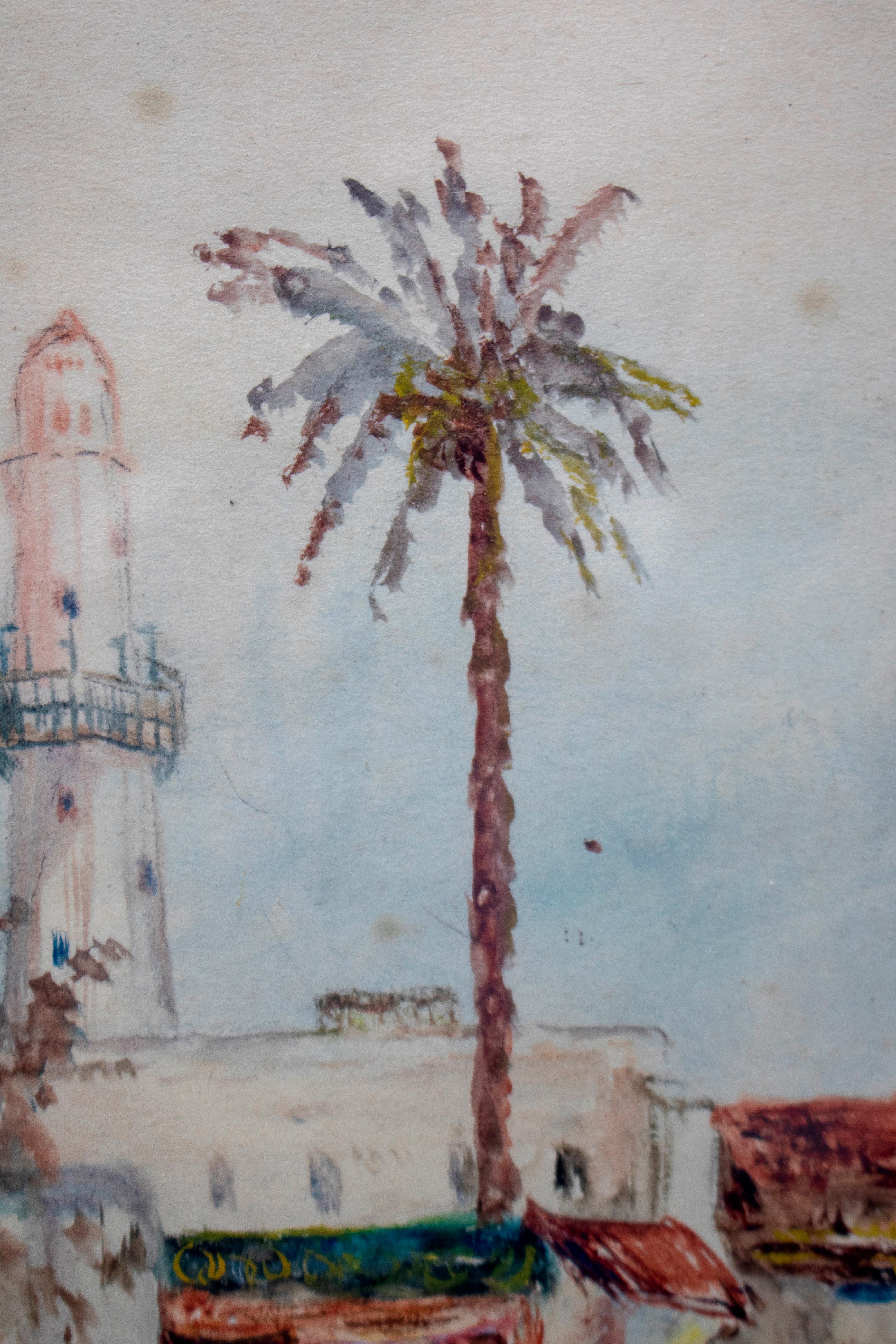 1950s A. Gark Orientalist Arab Souk Watercolor In Good Condition For Sale In Marbella, ES