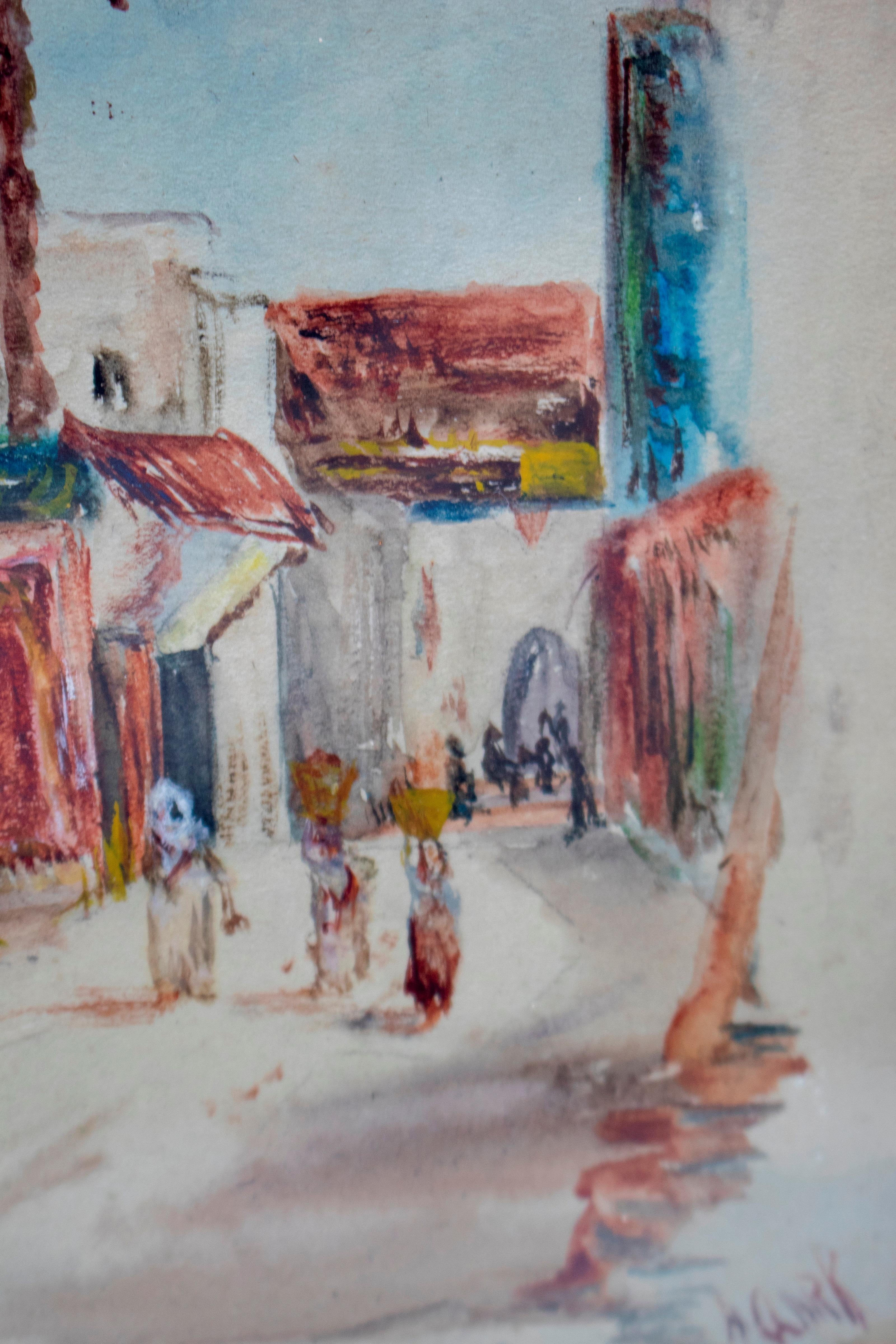 20th Century 1950s A. Gark Orientalist Arab Souk Watercolor For Sale