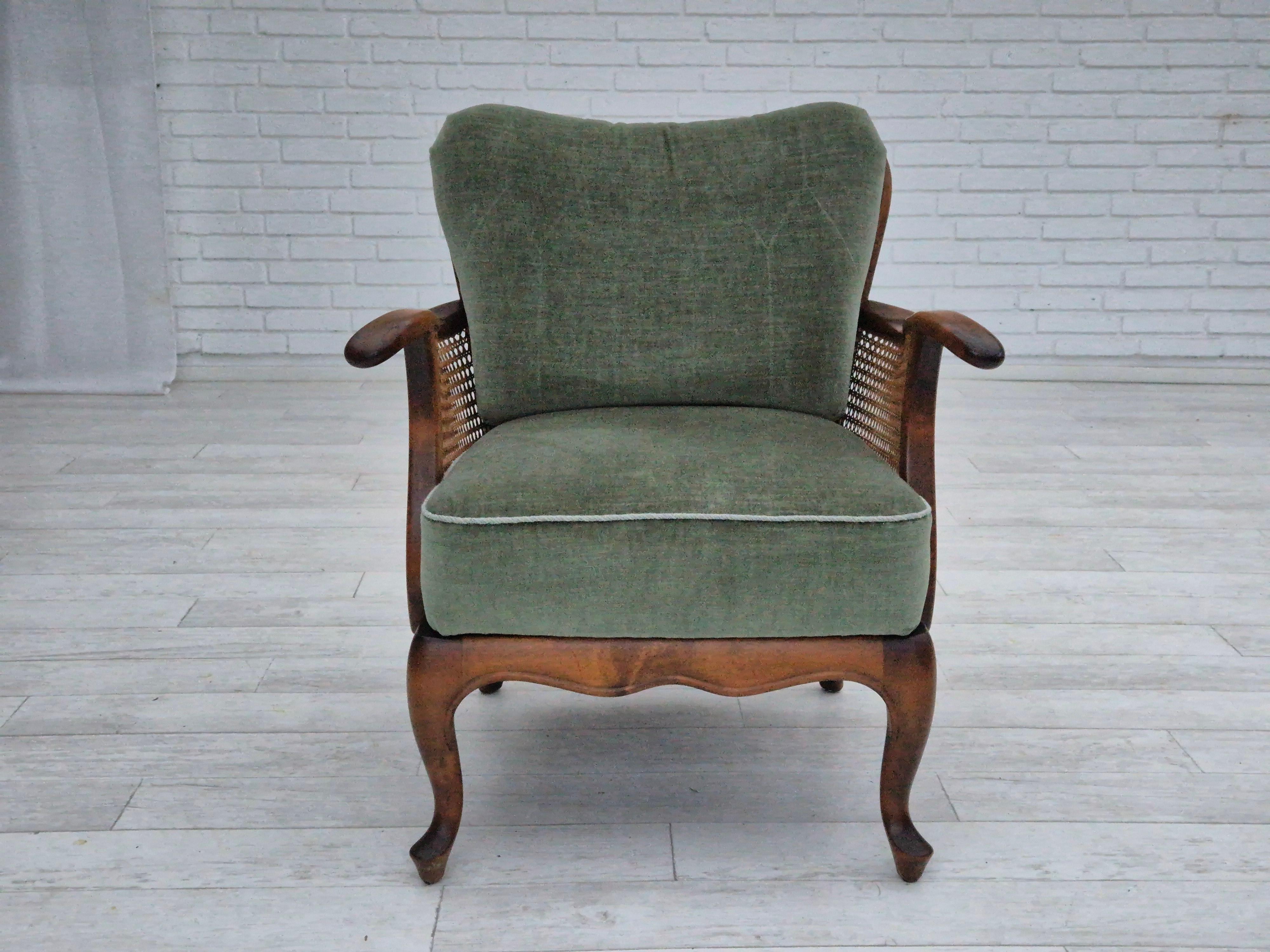 Mid-20th Century 1950s, a pair of Danish armchairs in original condition, velour, ash wood. For Sale