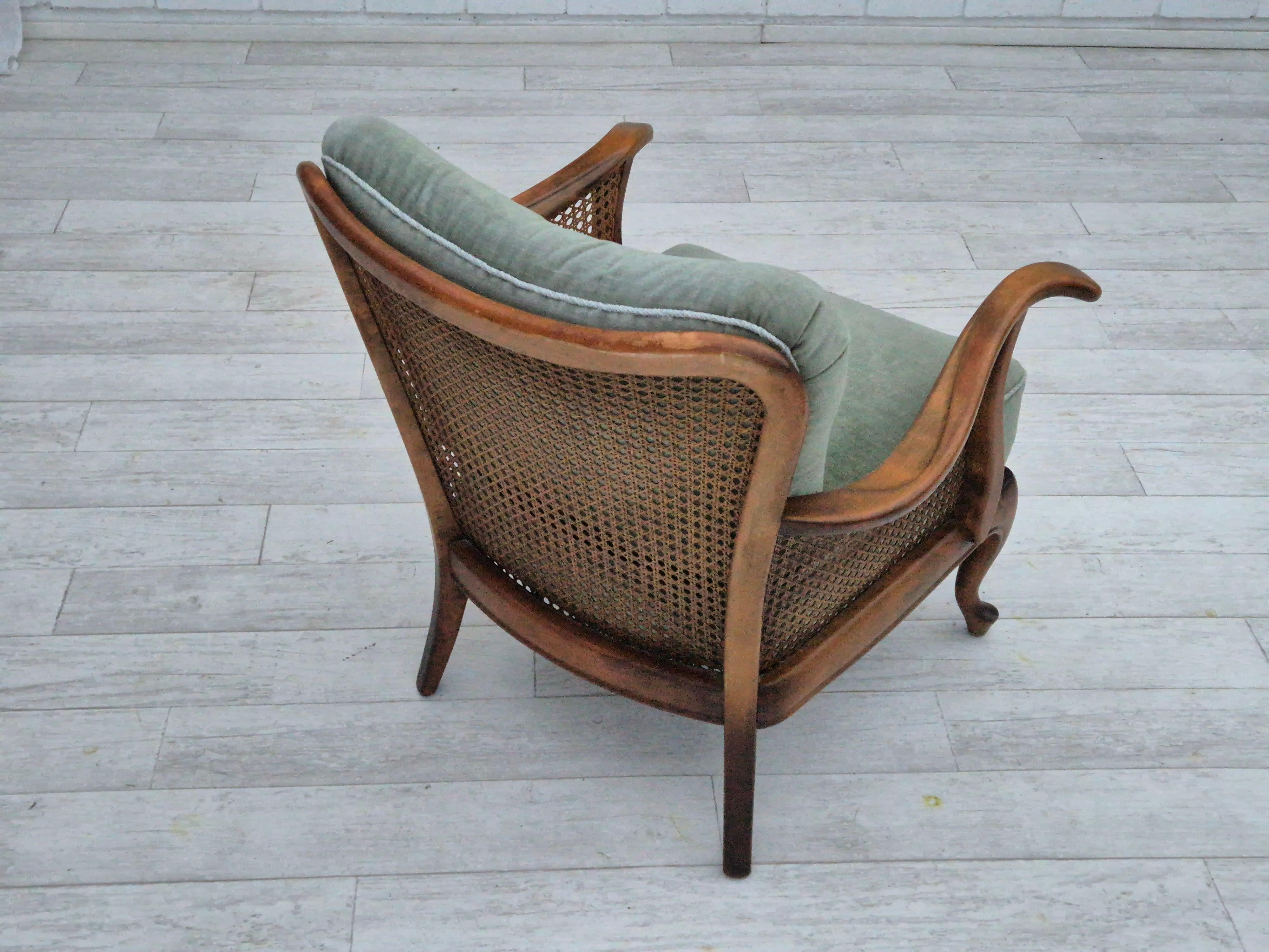 1950s, a pair of Danish armchairs in original condition, velour, ash wood. For Sale 1