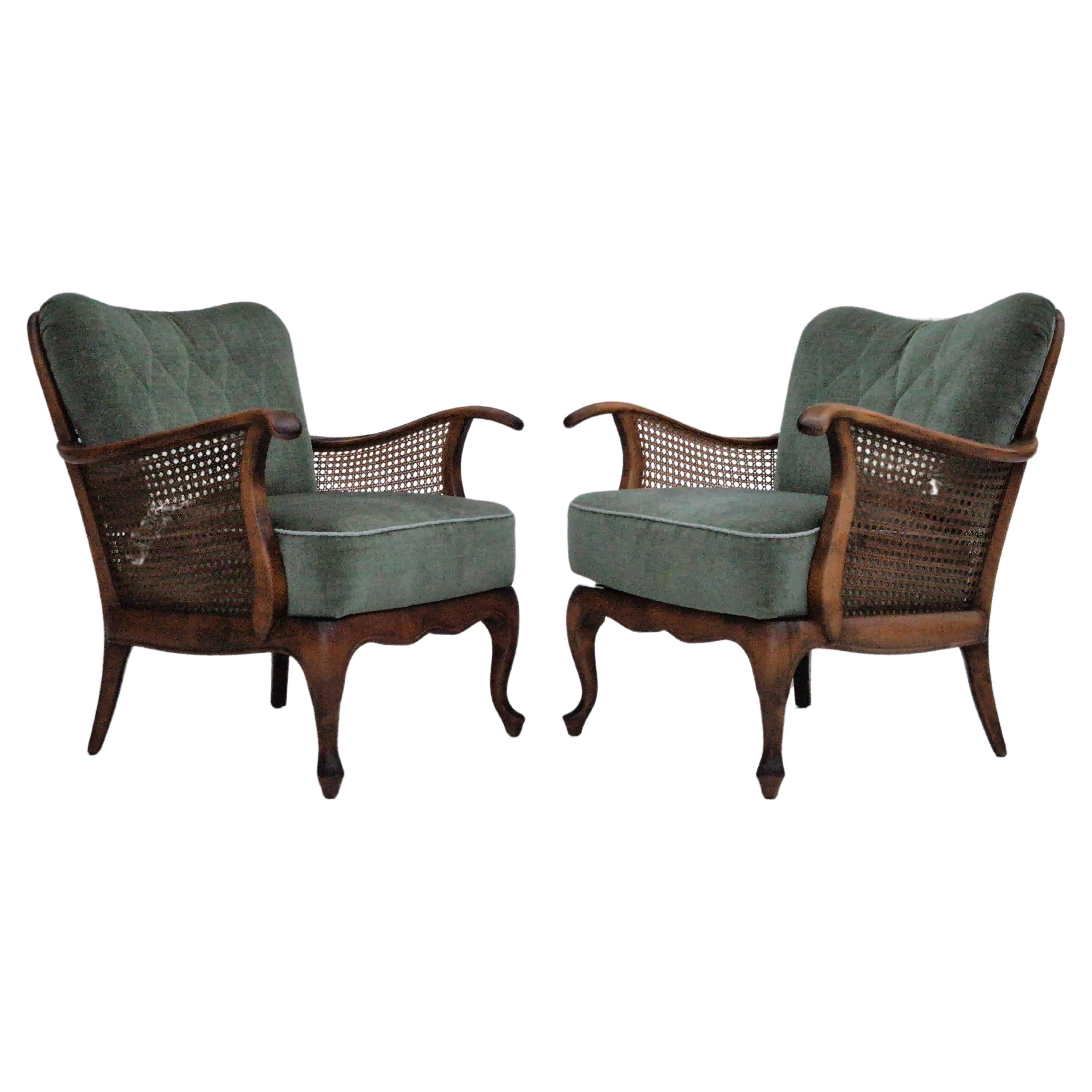 1950s, a pair of Danish armchairs in original condition, velour, ash wood. For Sale