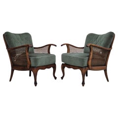 Vintage 1950s, a pair of Danish armchairs in original condition, velour, ash wood.