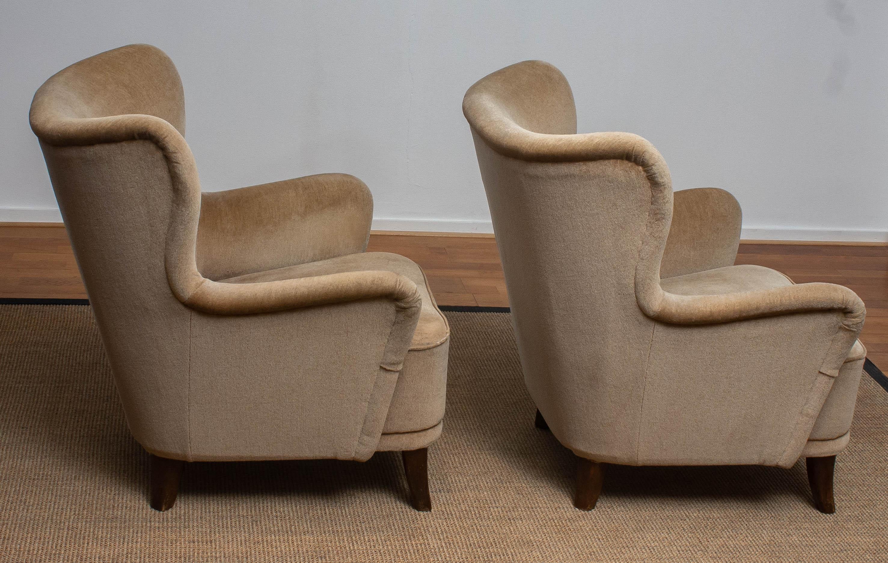 Fabric 1950s a Pair of Lounge Easy Club Chairs by Ilmari Lappalainen for Asko, Finland