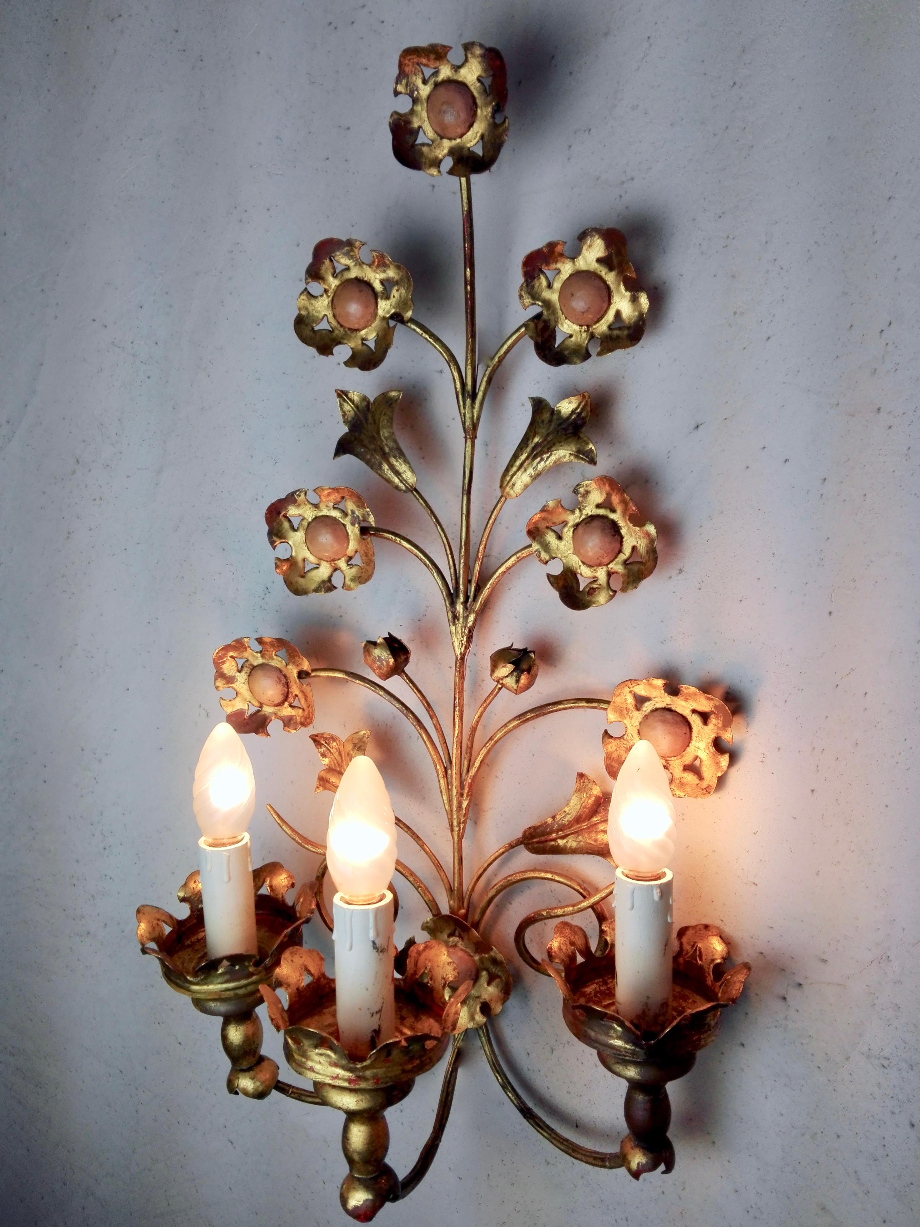 Mid-Century Modern Pair of Mid-Century Italian Tole Gilt metal three-light Wall Lamps. For Sale