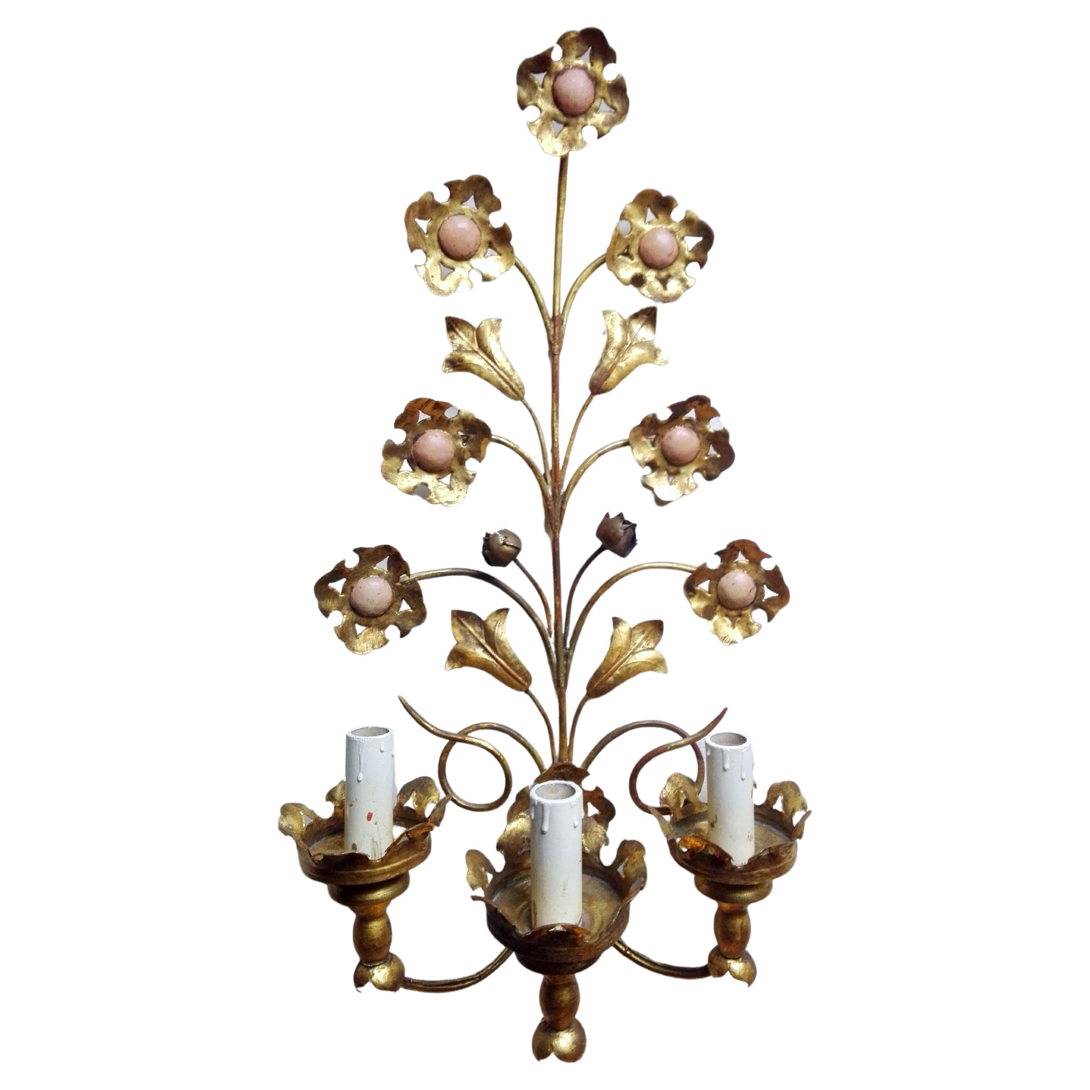 Pair of Mid-Century Italian Tole Gilt metal three-light Wall Lamps. For Sale