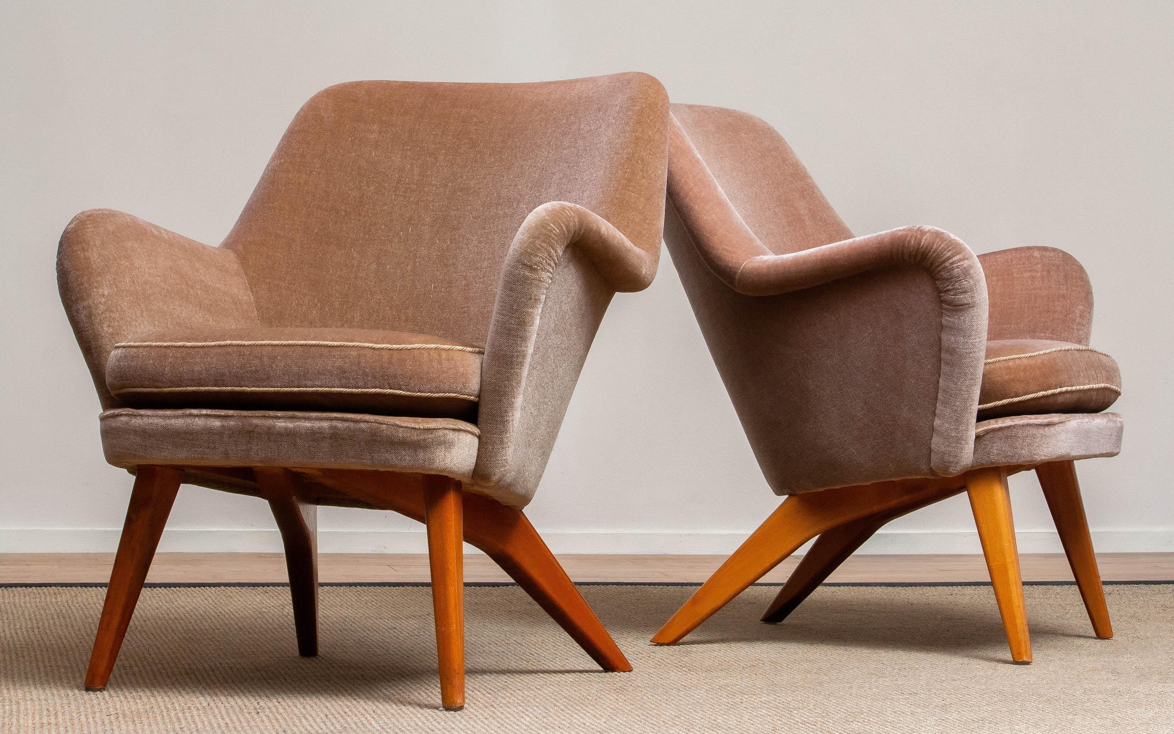 Velvet 1950s a Pair of Pedro Chairs by Carl Gustav Hiort af Ornäs, Finland