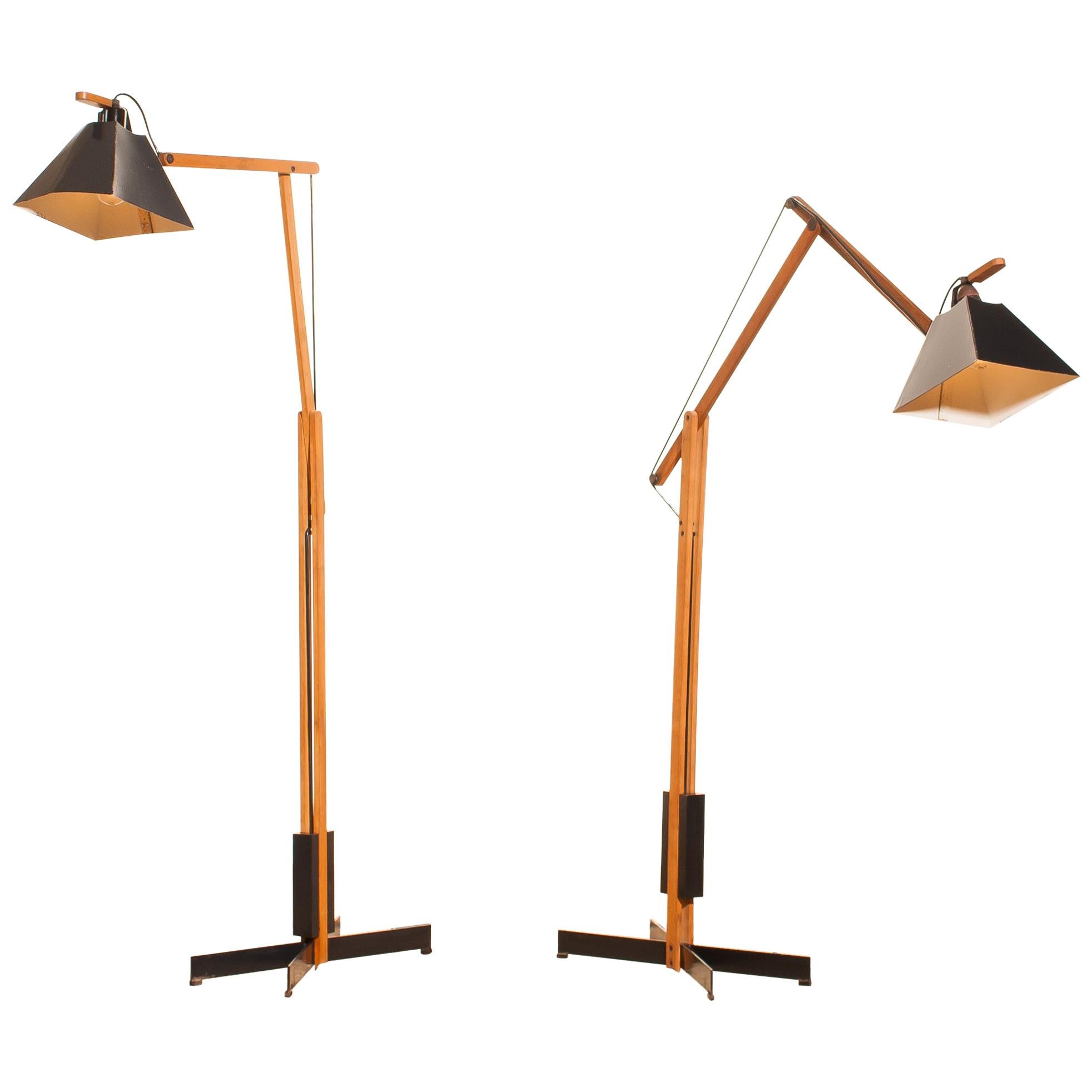 1950s, a Pair of Very Rare Teak and Metal Floor Lamps by Luxus