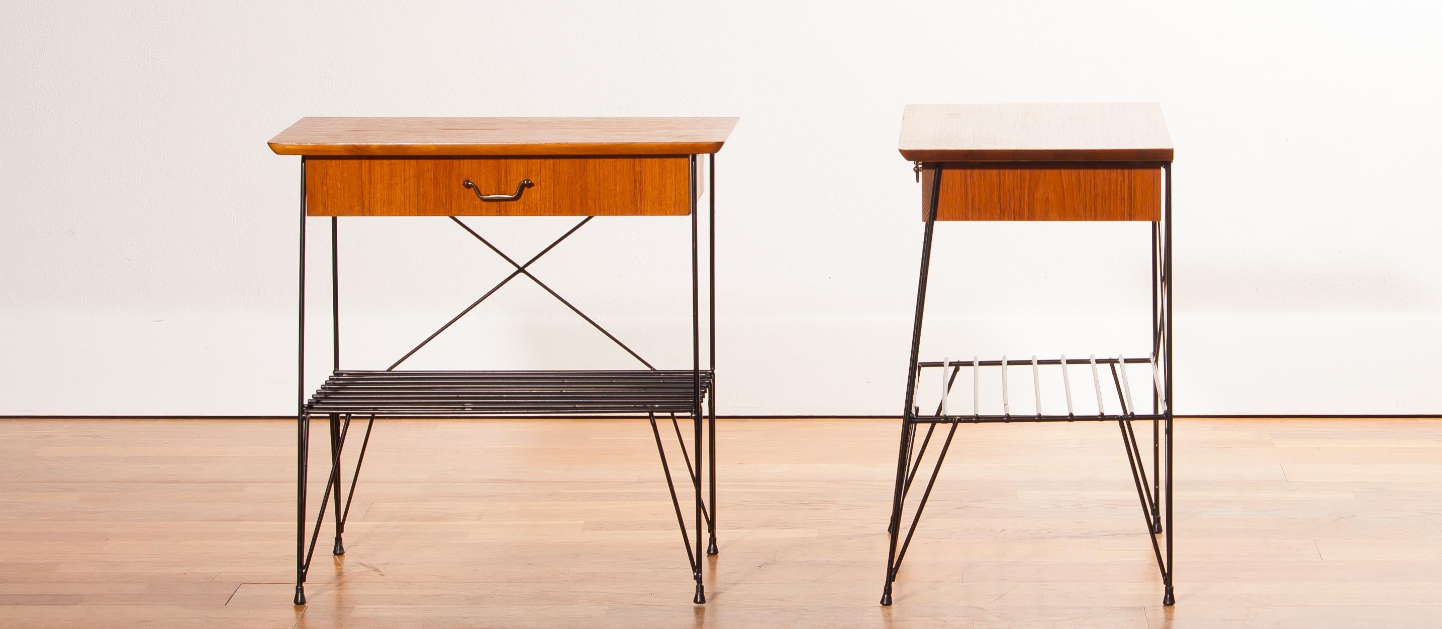Mid-20th Century 1950s, a Set of Teak and Black Metal Gullberg Style Nightstands Bedside Tables