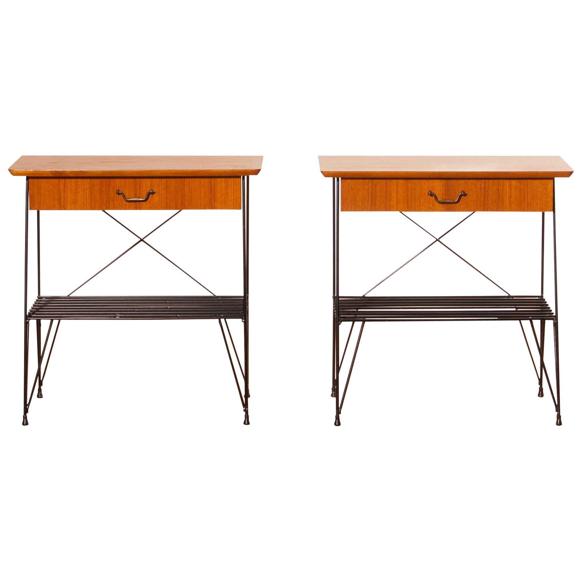 1950s, a Set of Teak and Black Metal Gullberg Style Nightstands Bedside Tables