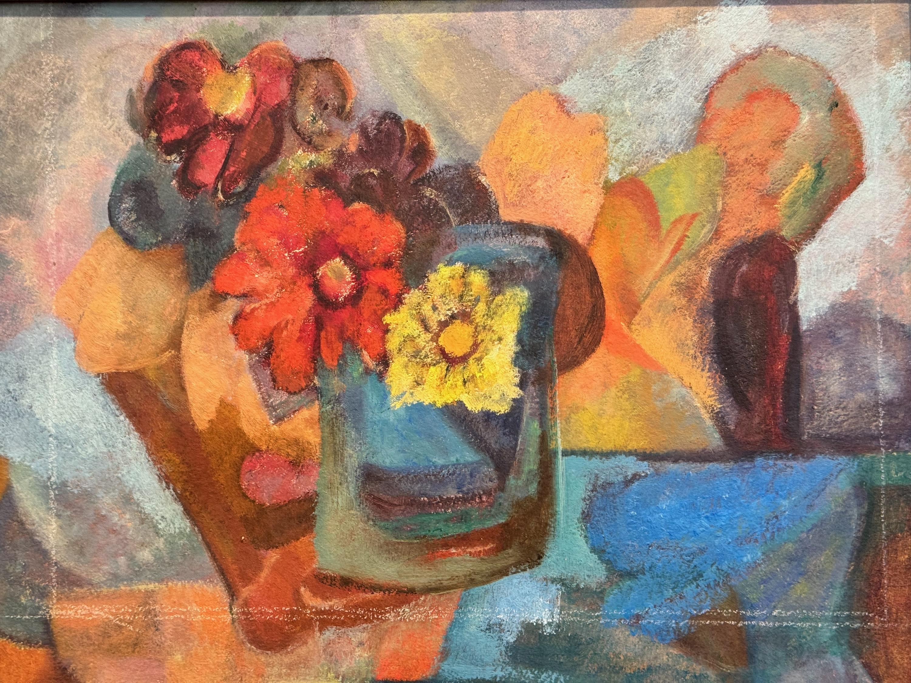Abstraktes Blumengemälde aus den 1950er Jahren in vergoldetem Rahmen (Mitte des 20. Jahrhunderts) im Angebot