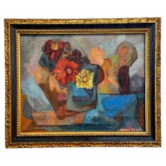 1950s Abstract Flower Painting in Gilded Frame