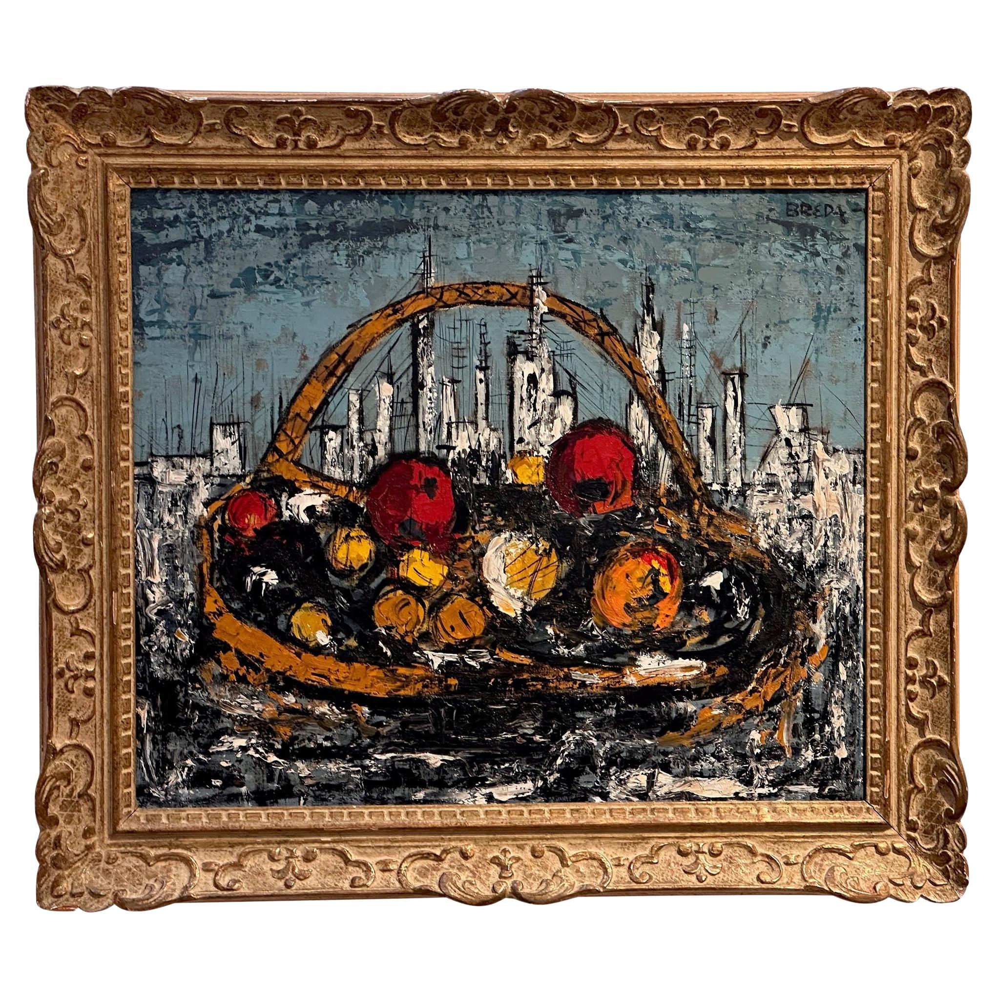 Peinture à l'huile abstraite sur toile des années 1950, représentant des fruits